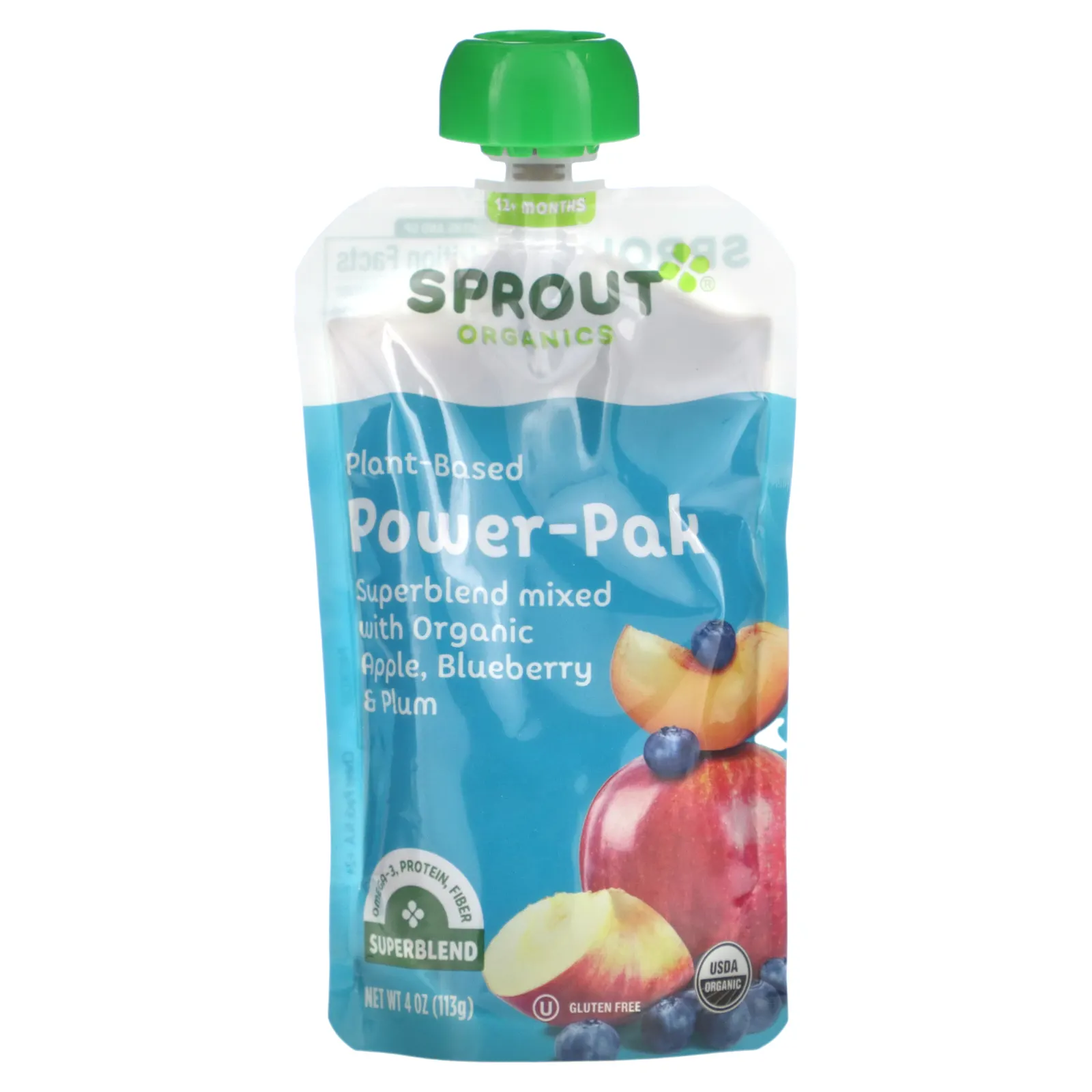 Sprout Organics, Power Pak, для детей от 12 месяцев, яблоко с суперсмесью и голубикой, 113 г (4,0 унции)