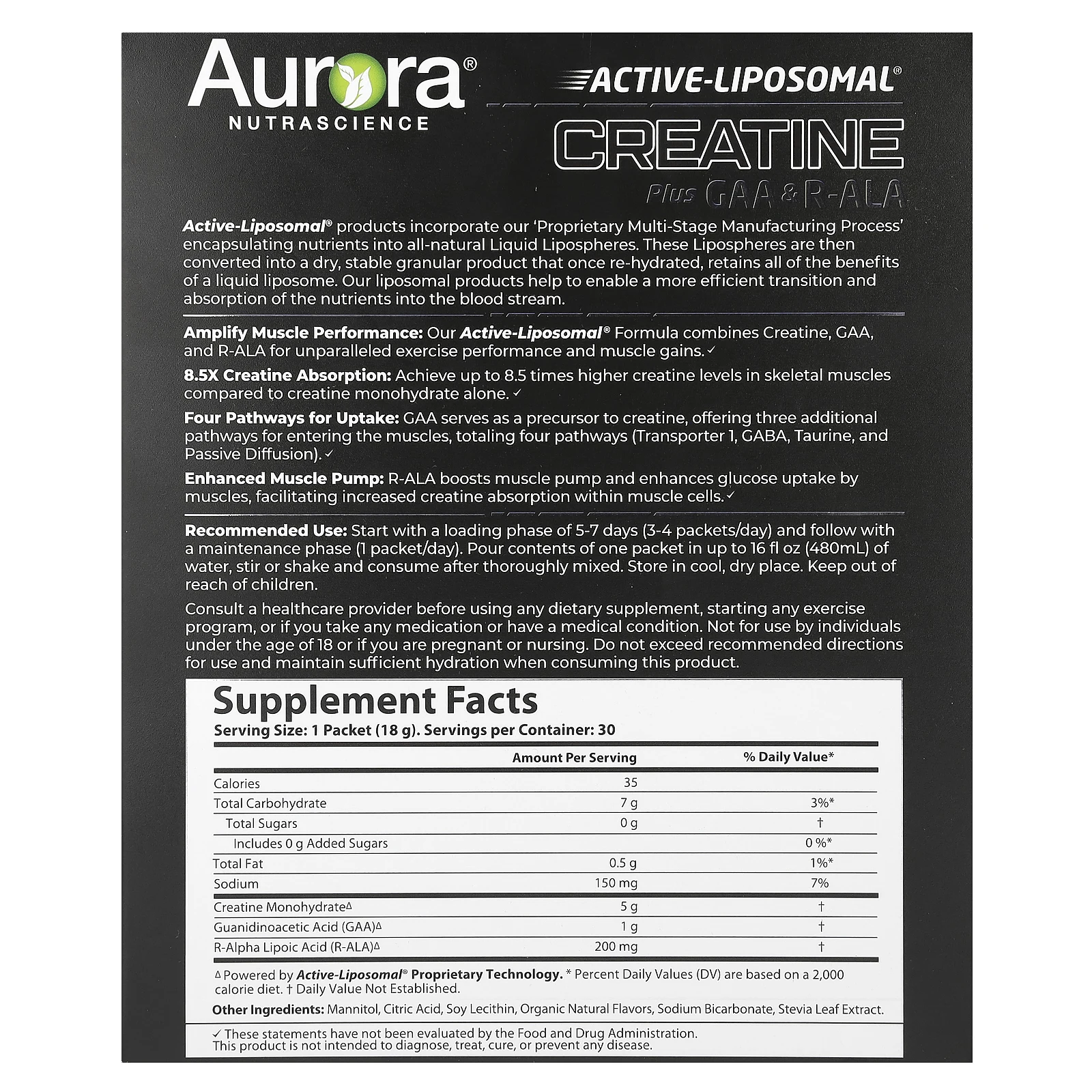 Aurora Nutrascience, Active Liposomal®, креатин с ГАК и R-ALA, 30 пакетиков по 18 г (0,63 унции)