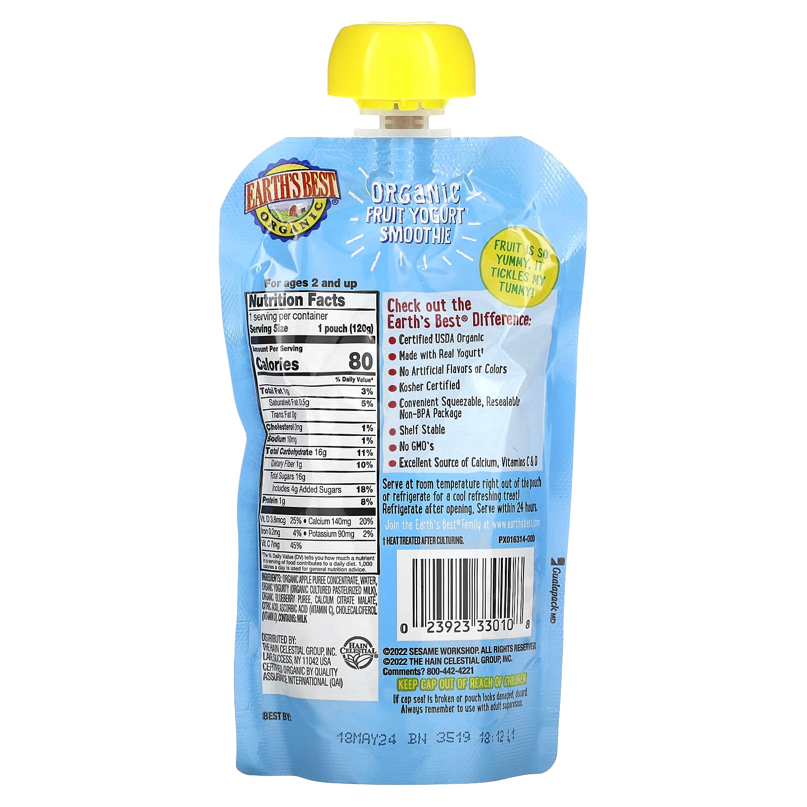 Earth's Best, органический фруктовый йогурт, для детей от 2 лет, яблоко и голубика, 120 г (4,2 унции)