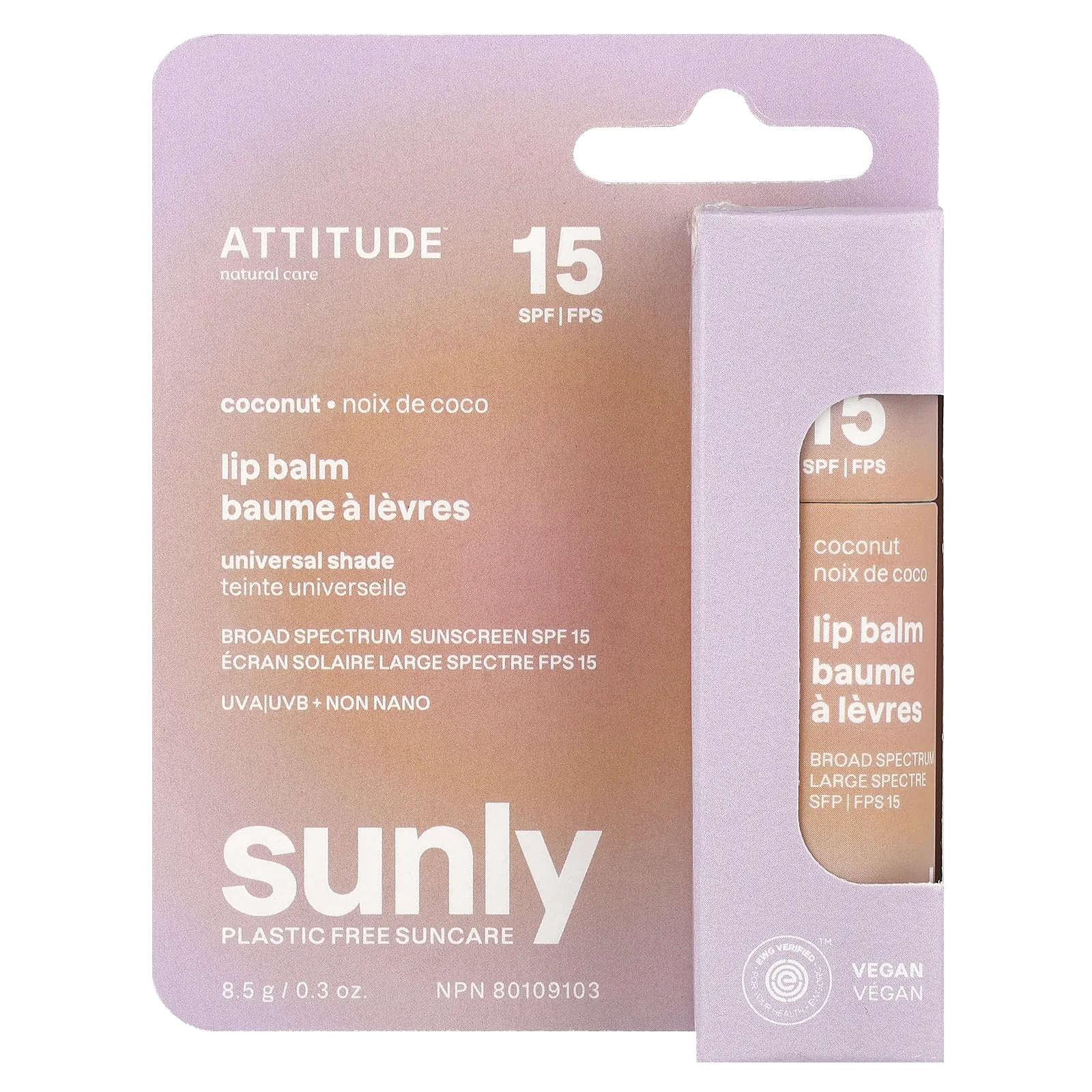ATTITUDE, Бальзам для губ, SPF 15, кокос, 8,5 г (0,3 унции)