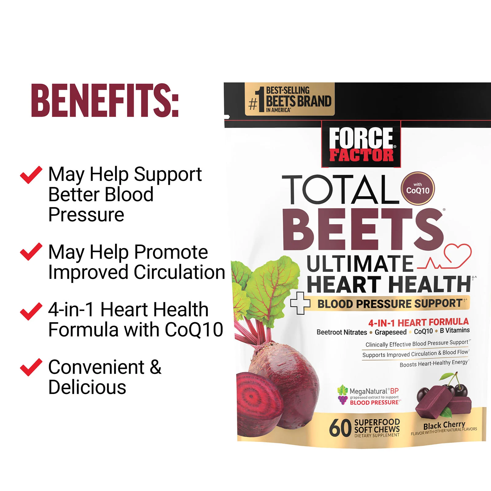 Force Factor, Total Beets® с коэнзимом Q10, черная вишня, 60 жевательных таблеток Superfood