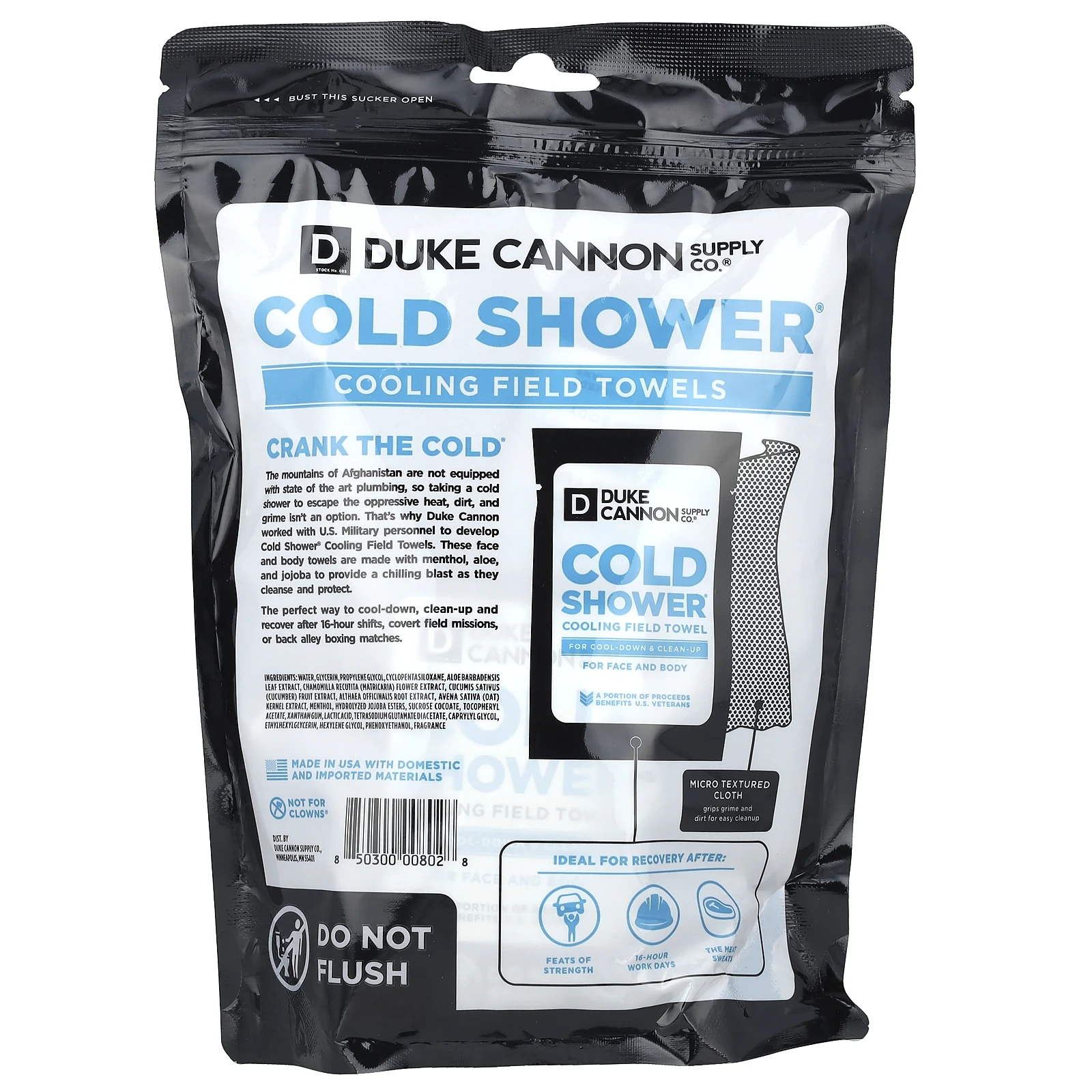 Duke Cannon Supply Co., Cold Shower®, салфетки для лица и тела, 15 полевых полотенец