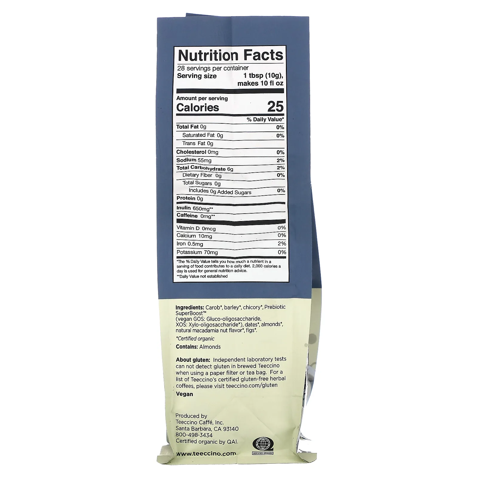 Teeccino, Пребиотик, травяной «кофе», орех макадамия, средней обжарки, без кофеина, 284 г (10 унций)