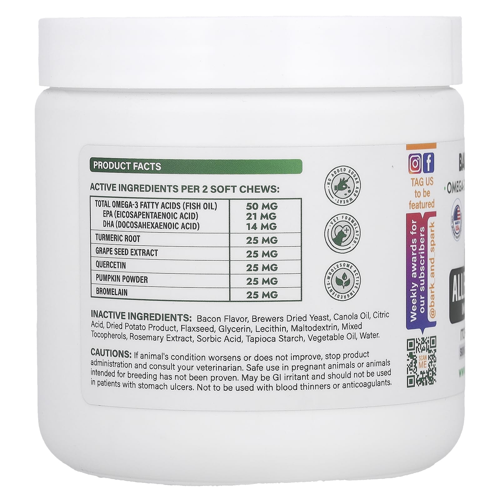 Bark&Spark, Allergy Relief Immune Chews, средство от зуда на коже, для собак, со вкусом бекона, 120 жевательных таблеток, 264 г (9,3 унции)