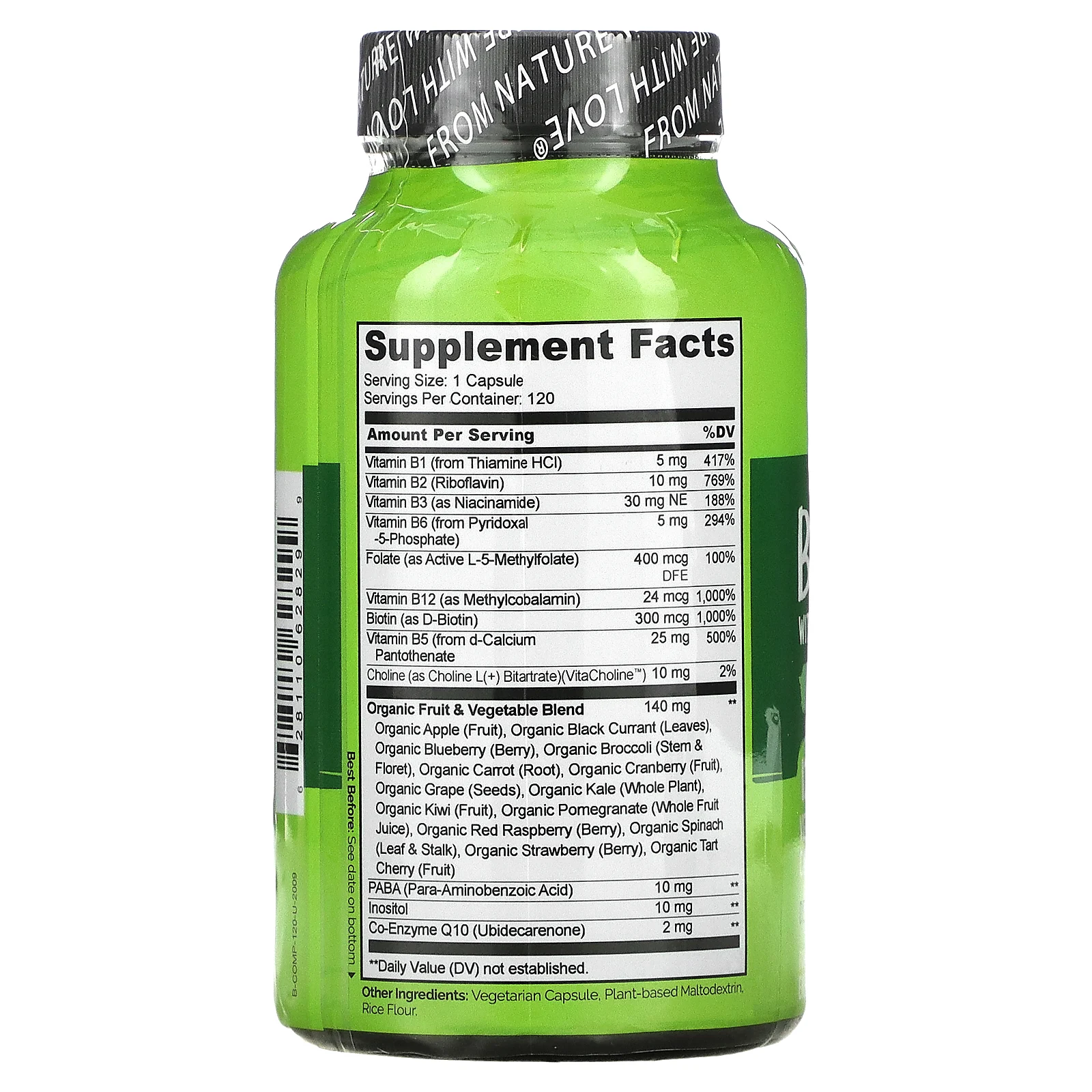 NATURELO, комплекс витаминов группы B со смесью фруктов и овощей, с коэнзимом Q10, 120 вегетарианских капсул