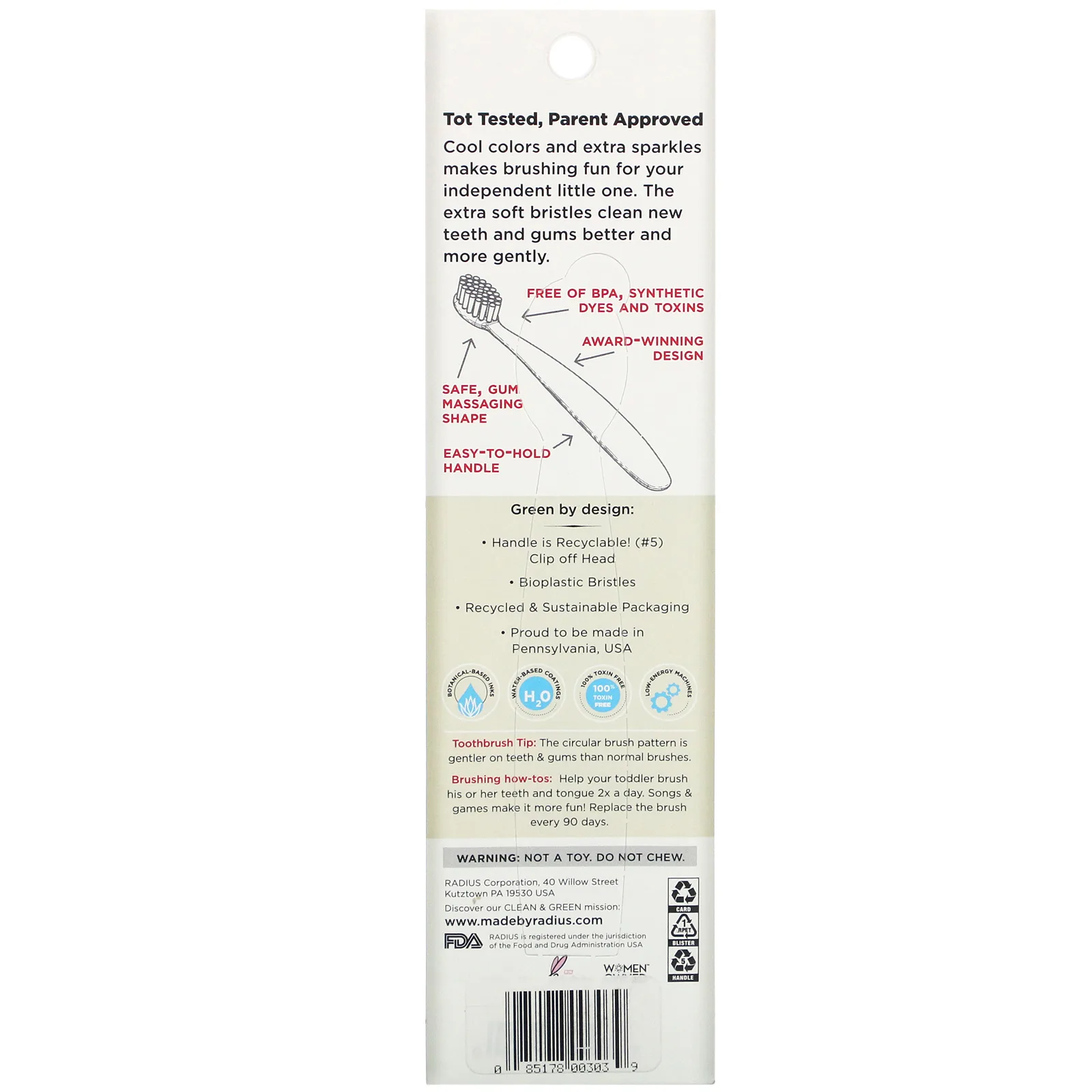 RADIUS, зубная щетка Totz, с 18 месяцев, сверхмягкая щетина, голубая с блестками, 1 зубная щетка