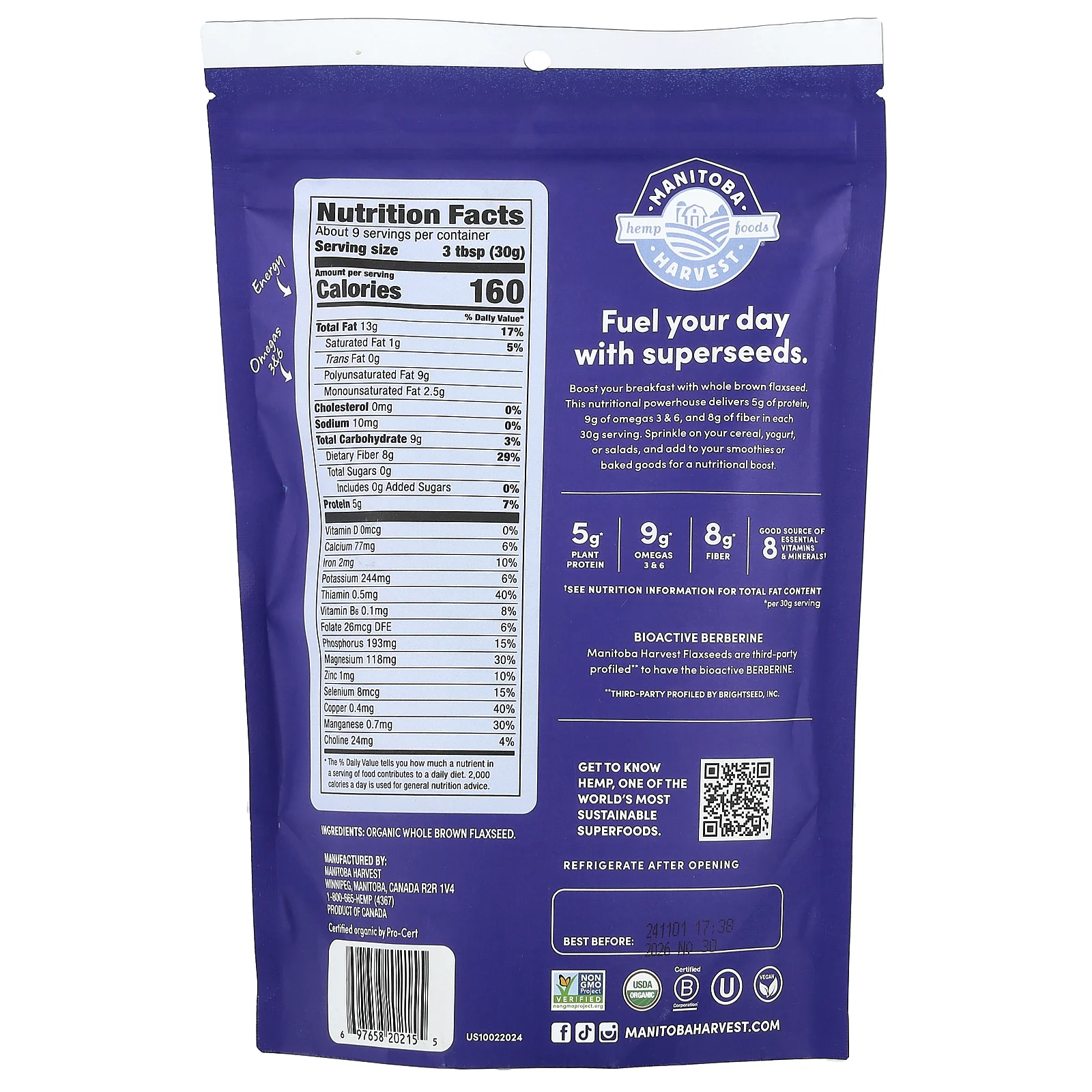 Manitoba Harvest, Органическое цельное льняное семя, 283 г (10 унций)