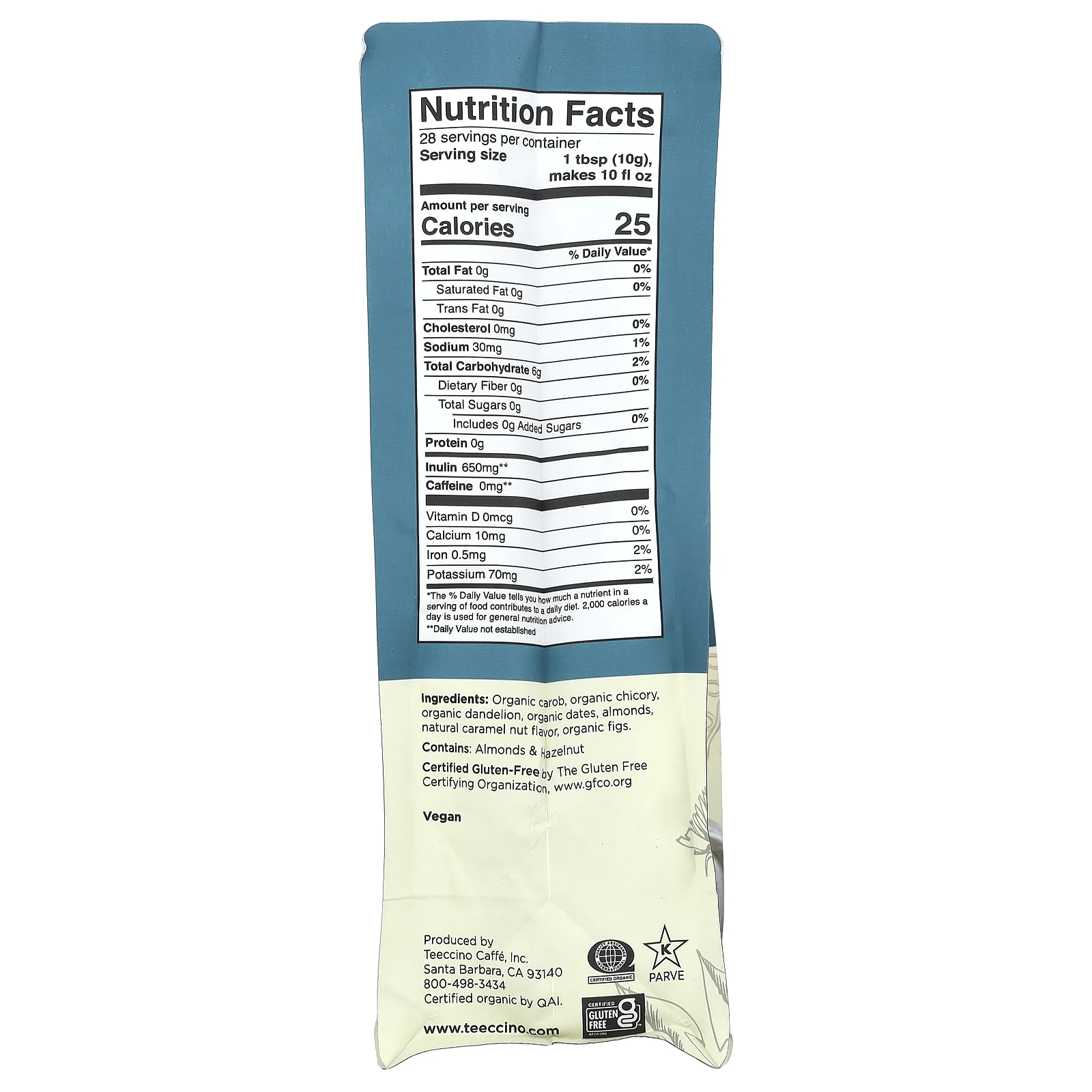 Teeccino, травяной кофе из цикория, средней прожарки, с одуванчиком, с карамельно-ореховым вкусом, без кофеина, 284 г (10 унций)