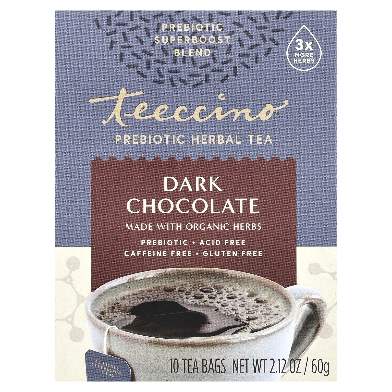 Teeccino, Prebiotic Herbal Tea, органический темный шоколад, без кофеина, 10 чайных пакетиков, 60 г (2,12 унции)