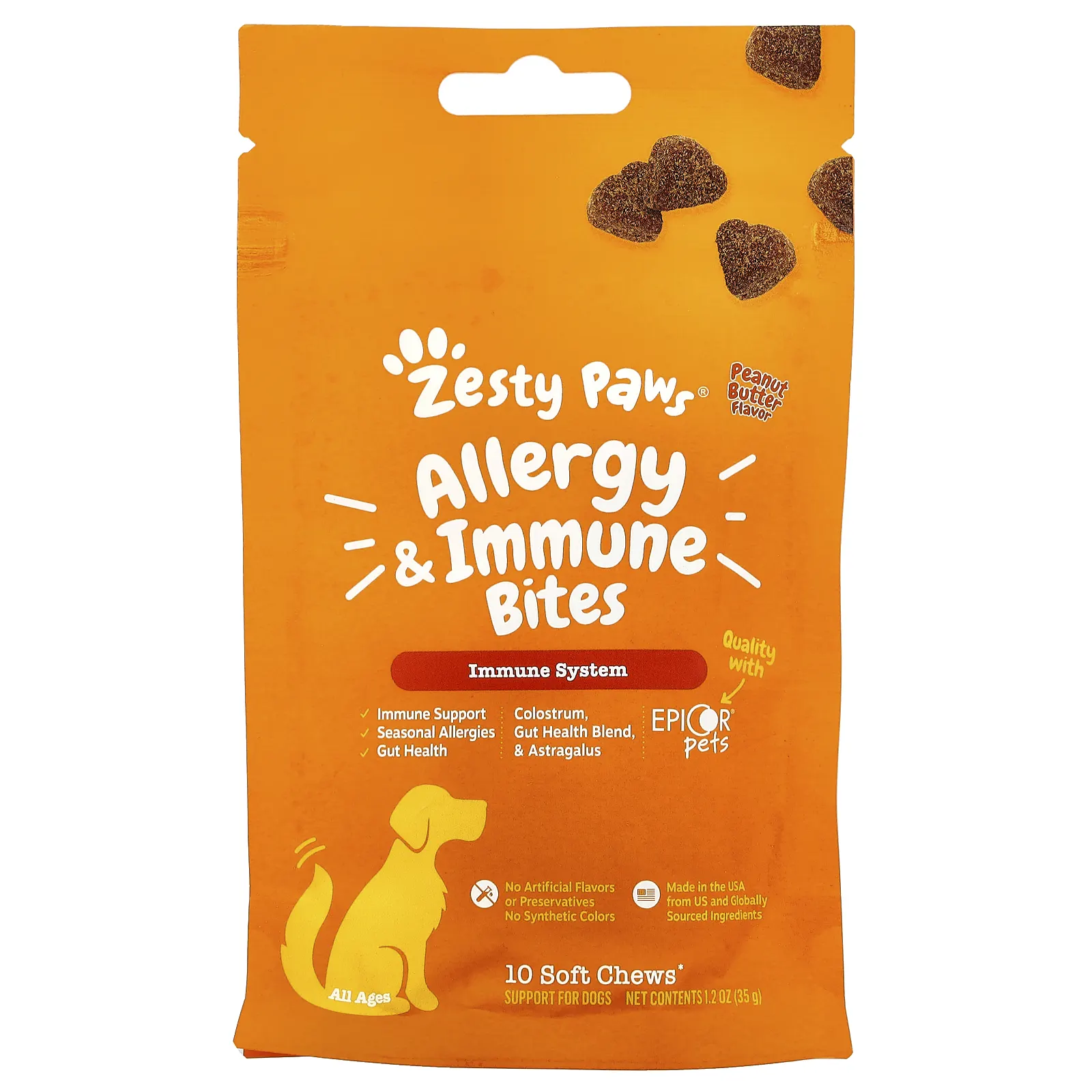 Zesty Paws, Аллергия и иммунные укусы, для собак, для всех возрастов, арахисовая паста, 10 жевательных таблеток, 35 г (1,2 унции)