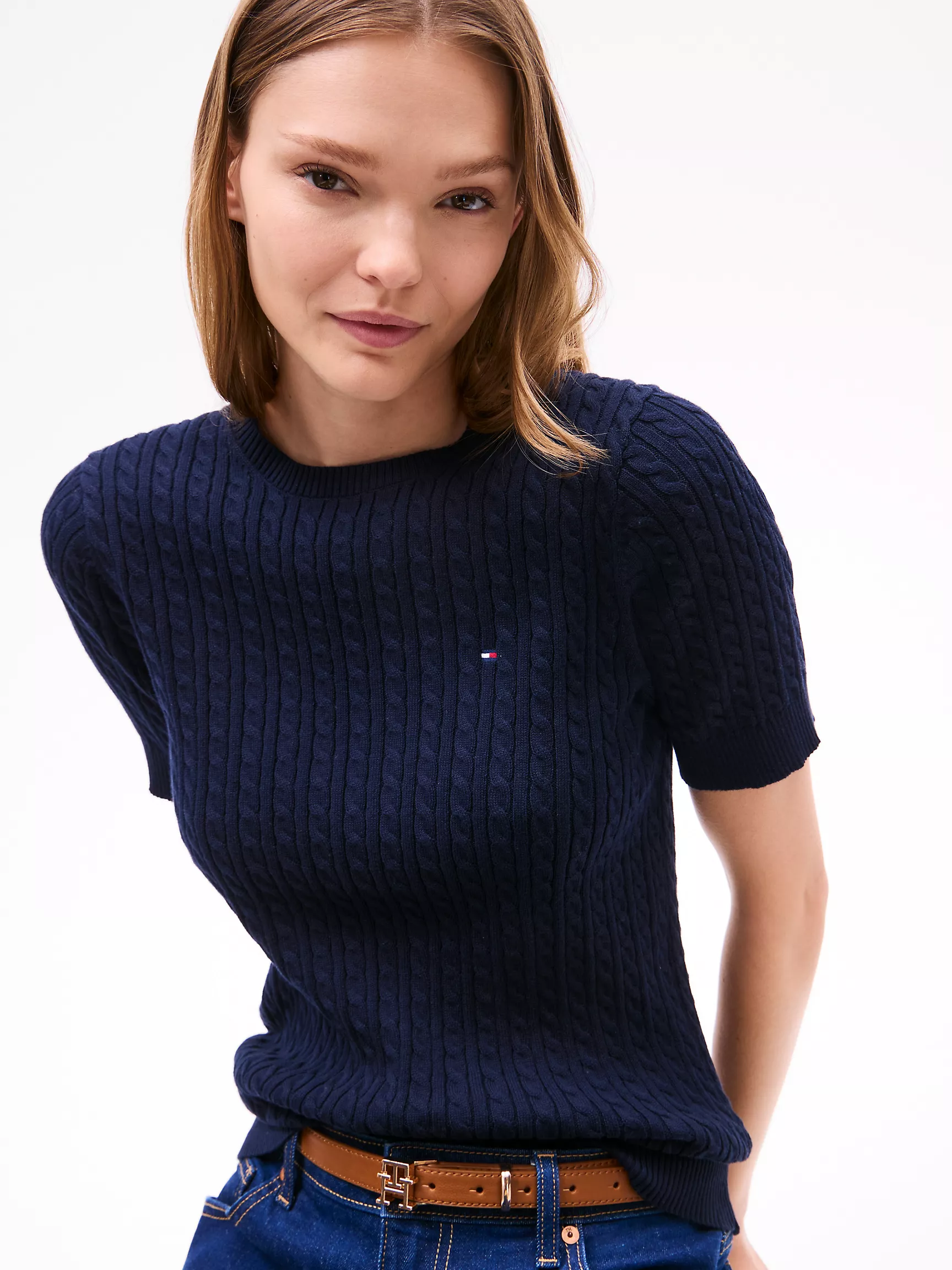Женский свитер Tommy Hilfiger, Свитер с коротким рукавом и узором "косы"