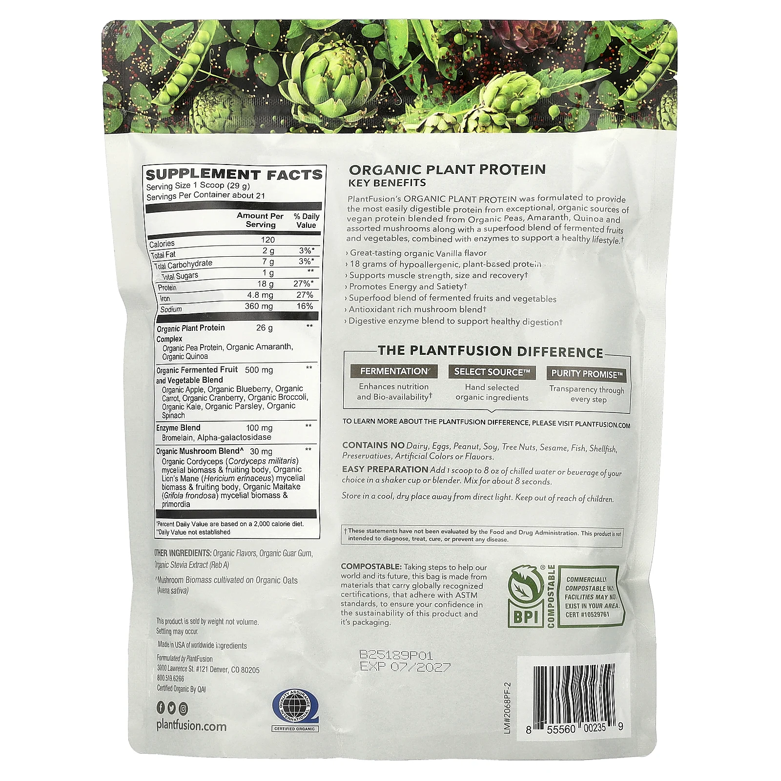 PlantFusion, Органический растительный протеин, сливочные стручки ванили, 609 г (21,4 унции)