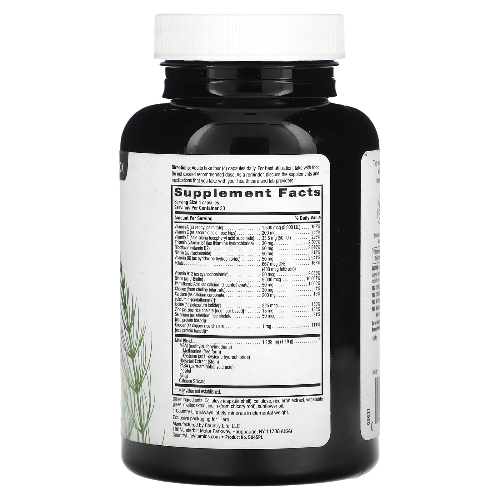 Country Life, Maxi-Hair Plus, 5000 мкг, 120 вегетарианских капсул (1250 мкг в 1 капсуле)