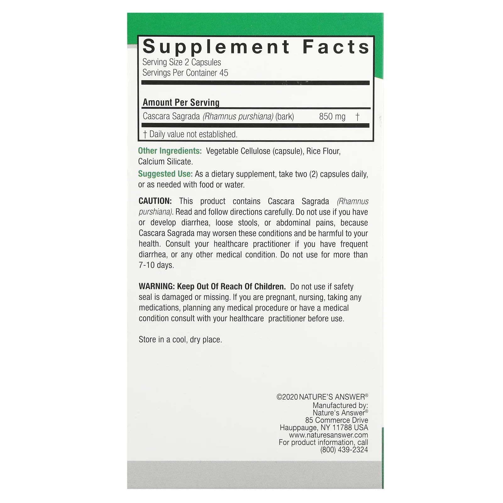 Nature's Answer, каскара, 850 мг, 90 вегетарианских капсул (425 мг в 1 капсуле)
