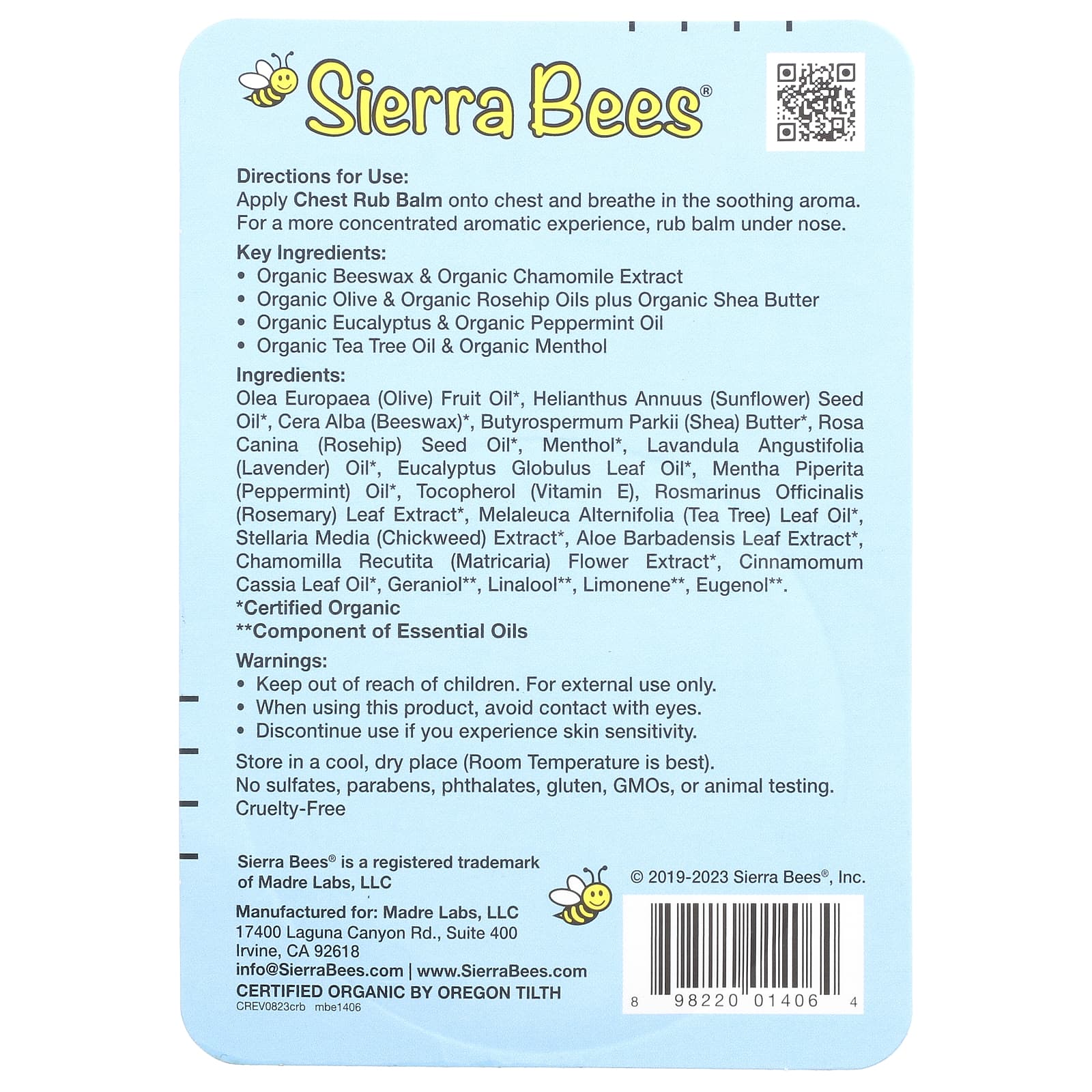 Sierra Bees, Бальзам для втирания в грудь, эвкалипт и перечная мята, 17 г (0,6 унции)