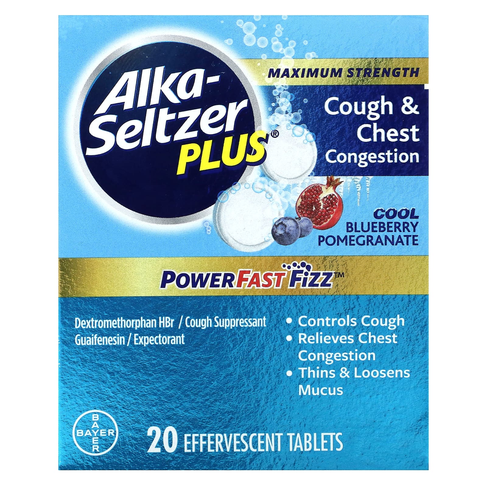 Alka-Seltzer Plus, Maximum Strength, от кашля и заложенности груди, классная черника и гранат, 20 шипучих таблеток