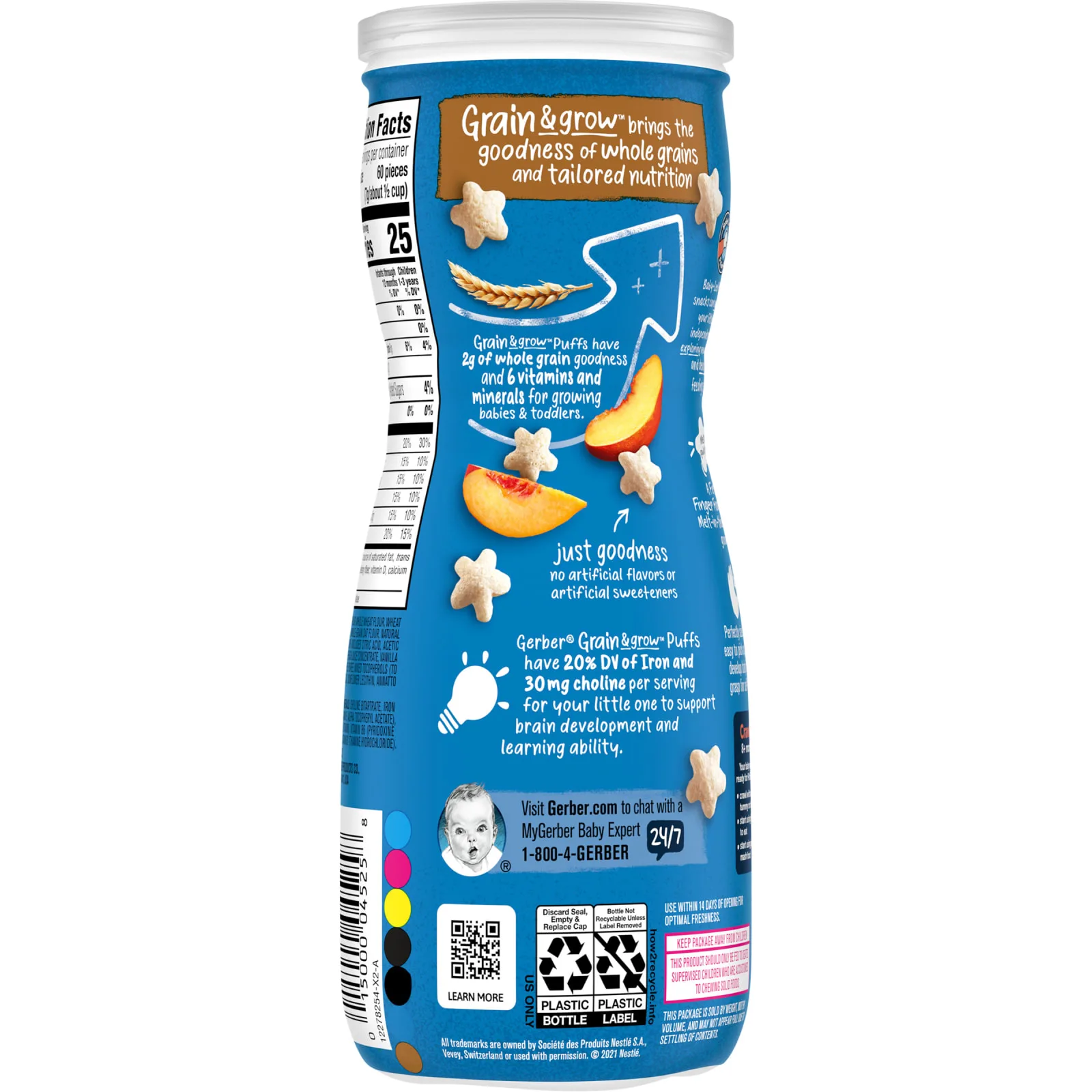 Gerber, Snacks for Baby, Grain & Grow, Puffs, снек из воздушной кукурузы, для детей от 8 месяцев, персик, 42 г (1,48 унции)