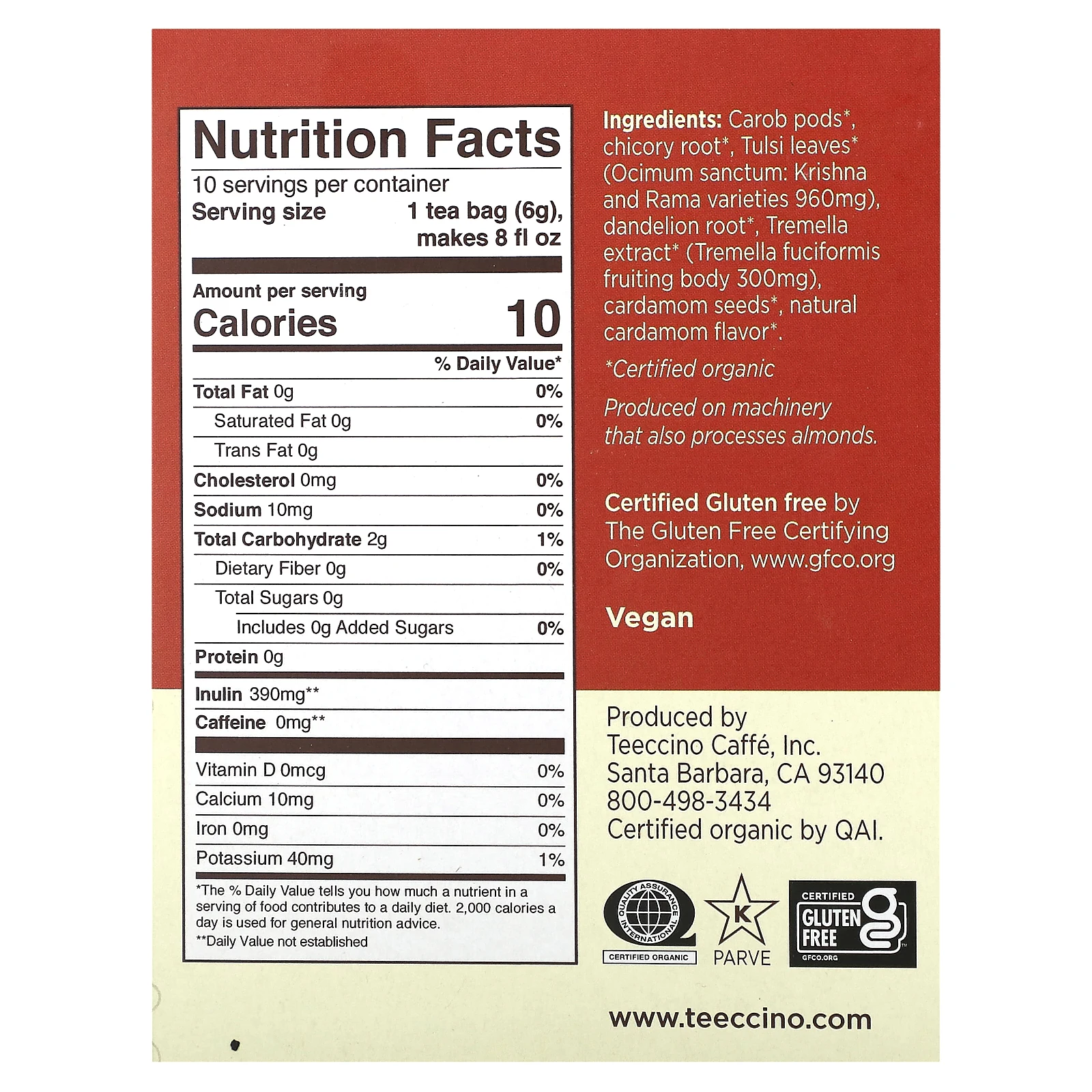 Teeccino, Травяной чай с грибами, тремелла тулси, кардамон, без кофеина, 10 чайных пакетиков, 60 г (2,12 унции)