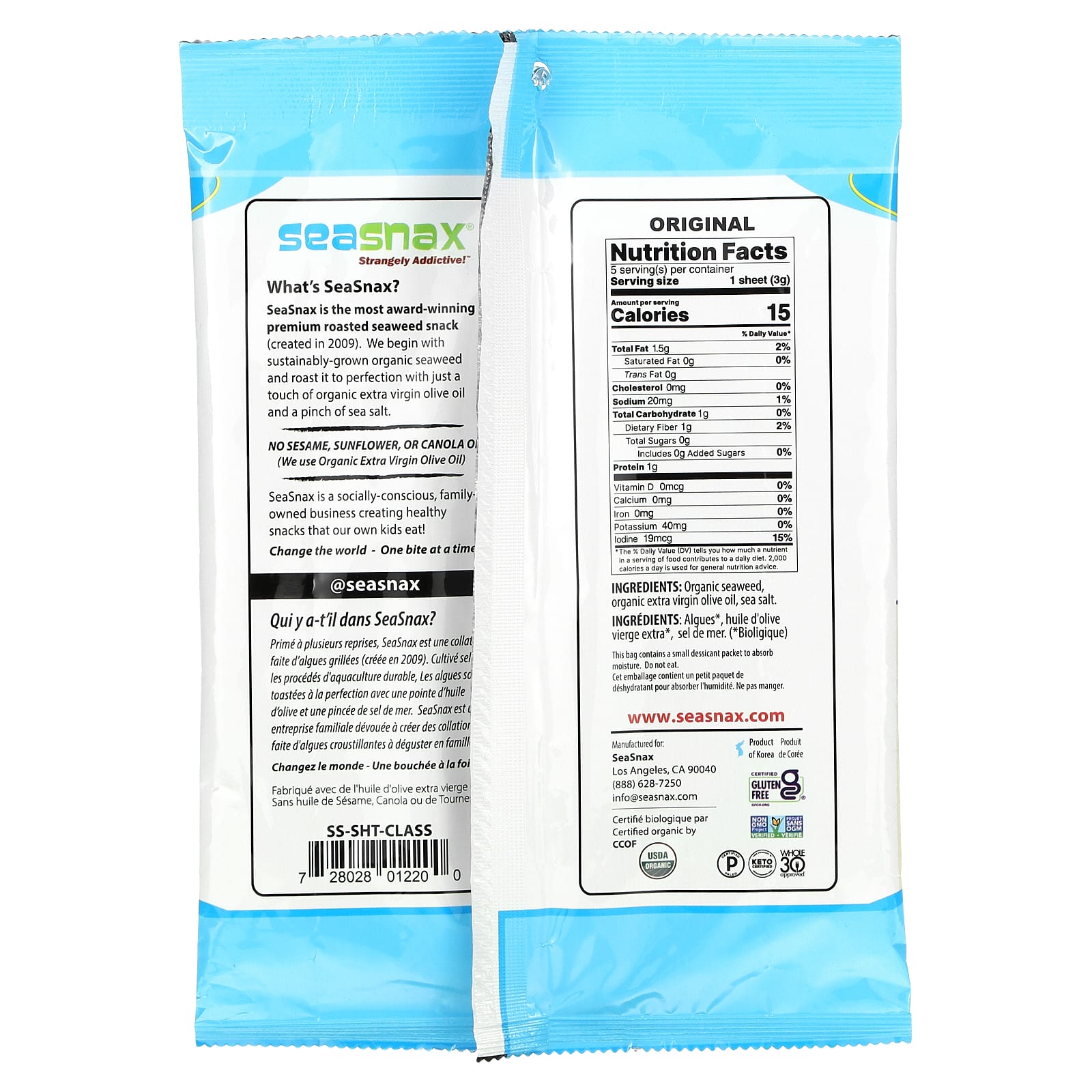 SeaSnax, упаковка органических обжаренных водорослей, оригинальный вкус, 5 больших листов, 15 г (0,54 унции)