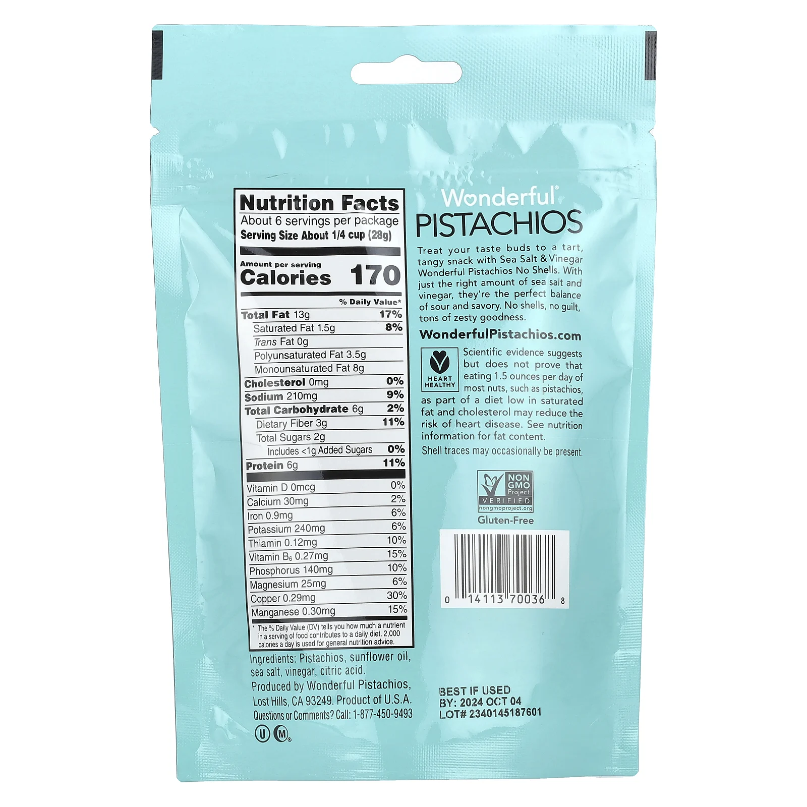 Wonderful Pistachios, морская соль и уксус, без скорлупы, 155 г (5,5 унции)