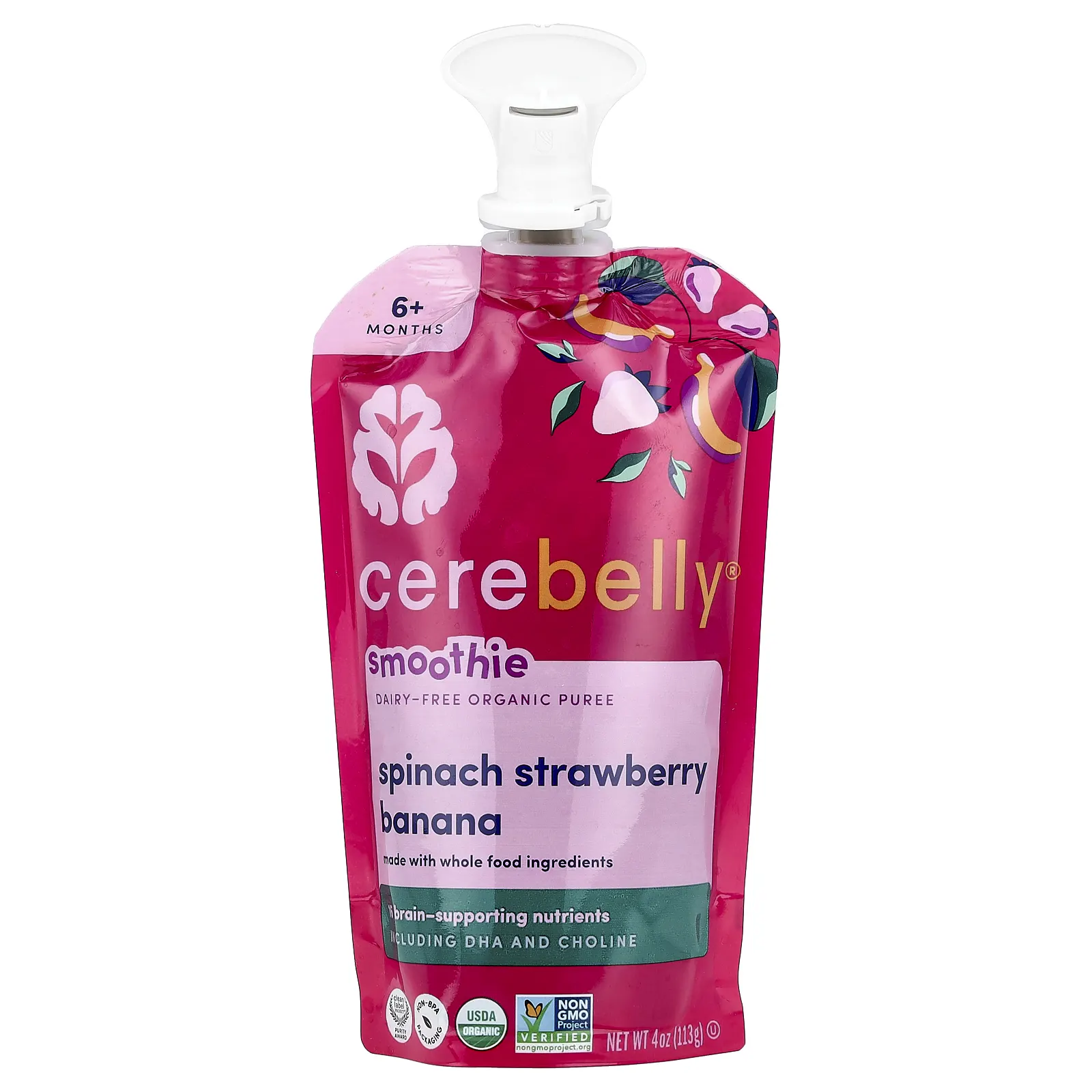 Cerebelly, Smoothie, органическое пюре без молочных продуктов, от 6 месяцев, шпинат, клубника, банан, 113 г (4 унции)