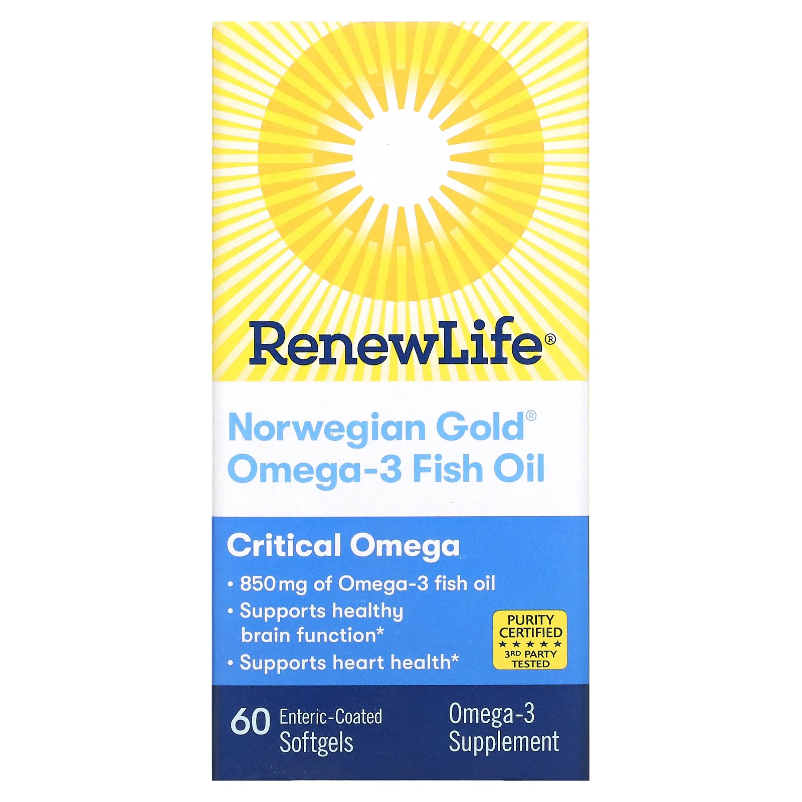 Renew Life, Critical Omega, ультраконцентрат омега кислот, натуральный вкус апельсина, 60 мягких таблеток, покрытых кишечнорастворимой оболочкой