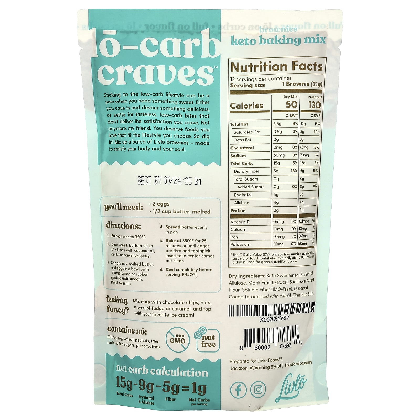 Livlo, Brownies, Кето смесь для выпечки, 9 унций (256 г)