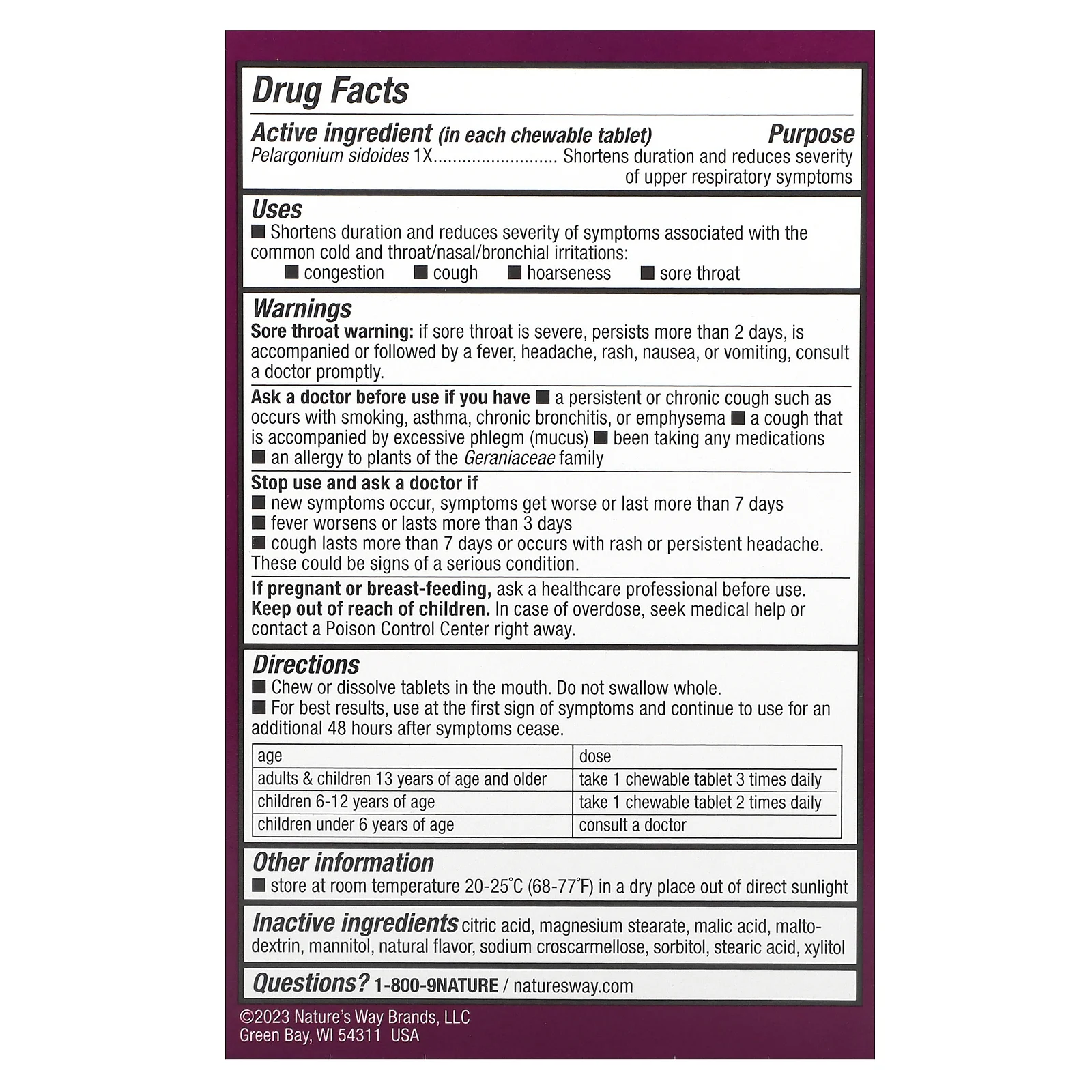 Nature's Way, Umcka, средство от простуды для детей, не вызывающее сонливости, для детей от 6 лет, вишня, 10 жевательных таблеток