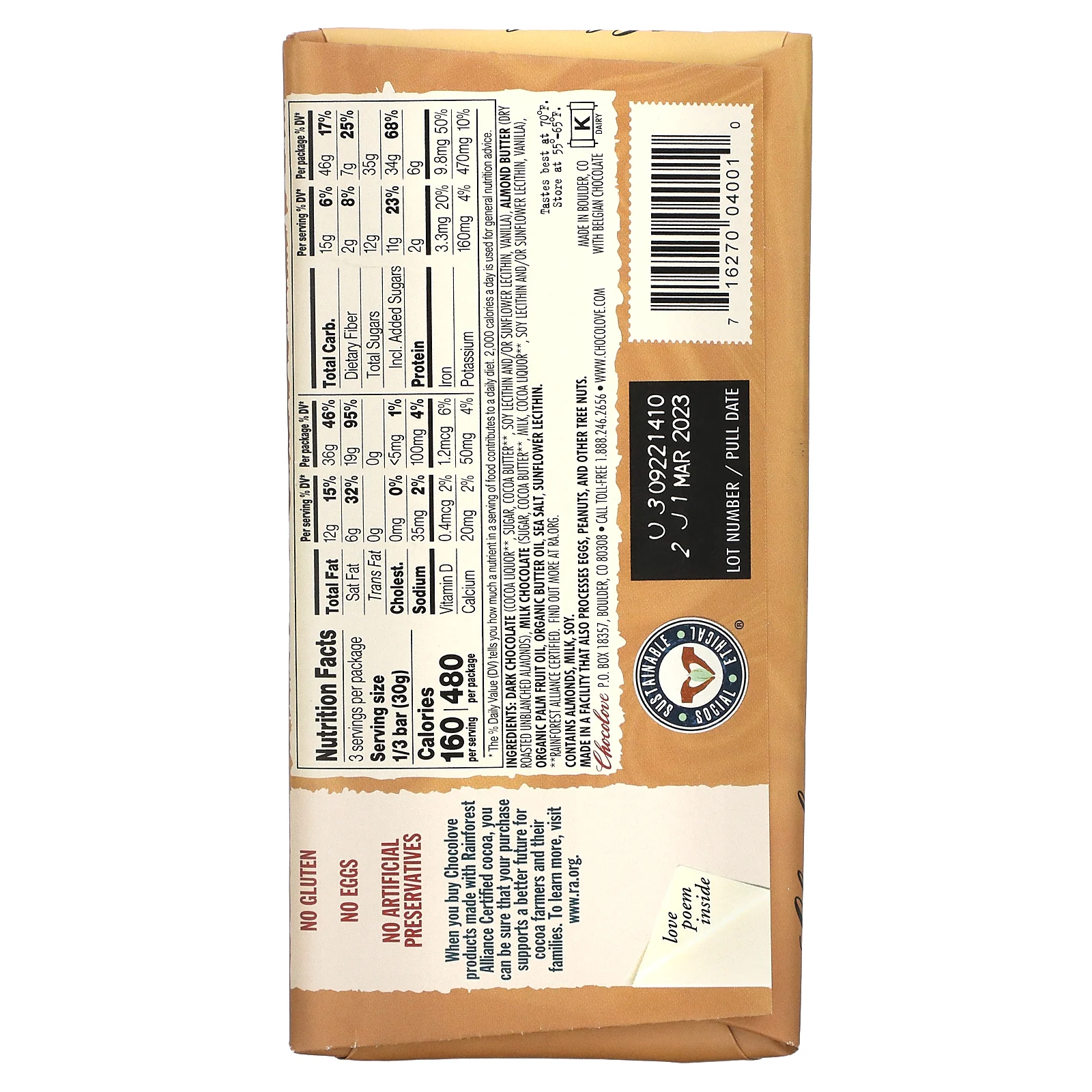 Chocolove, Масло из соленого миндаля в темном шоколаде, 55% какао, 90 г (3,2 унции)