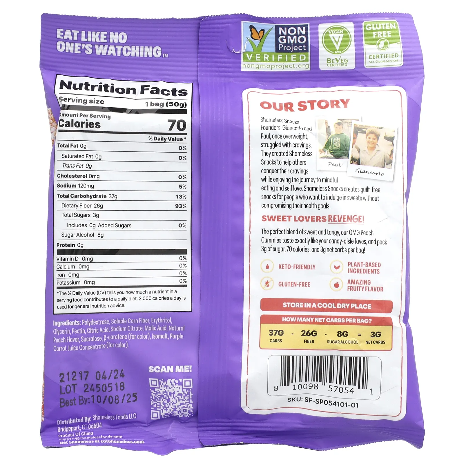 Shameless Snacks, Gummy Candy, персиковый напиток OMG, 50 г (1,8 унции)