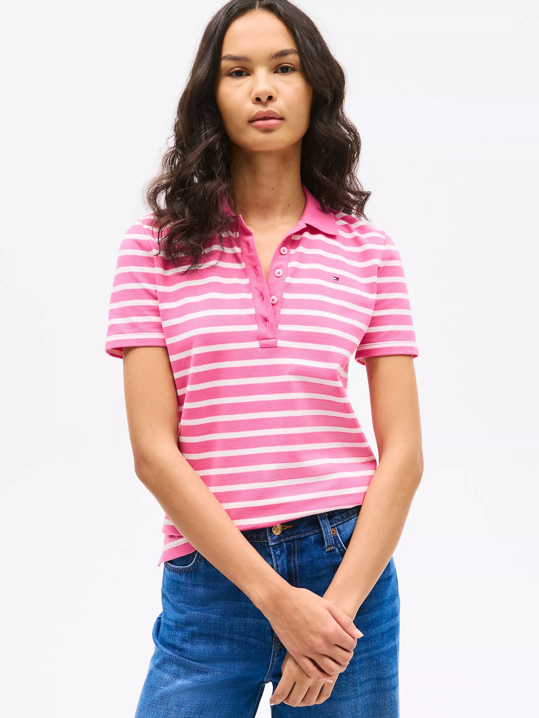 Женское поло Tommy Hilfiger, Приталенное полосатое эластичное хлопковое поло