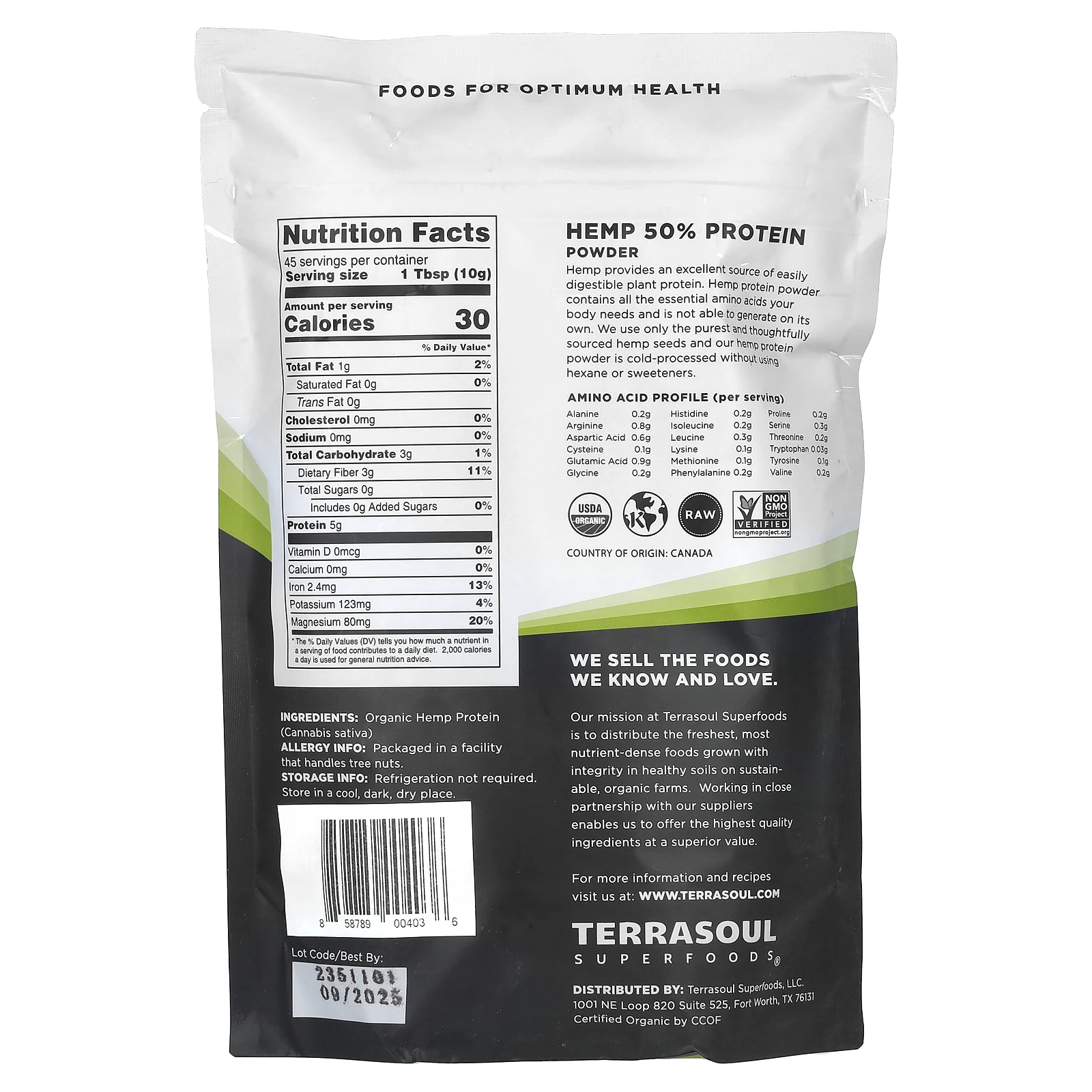 Terrasoul Superfoods, конопляный протеин в порошке, 16 унций (1 фунт)