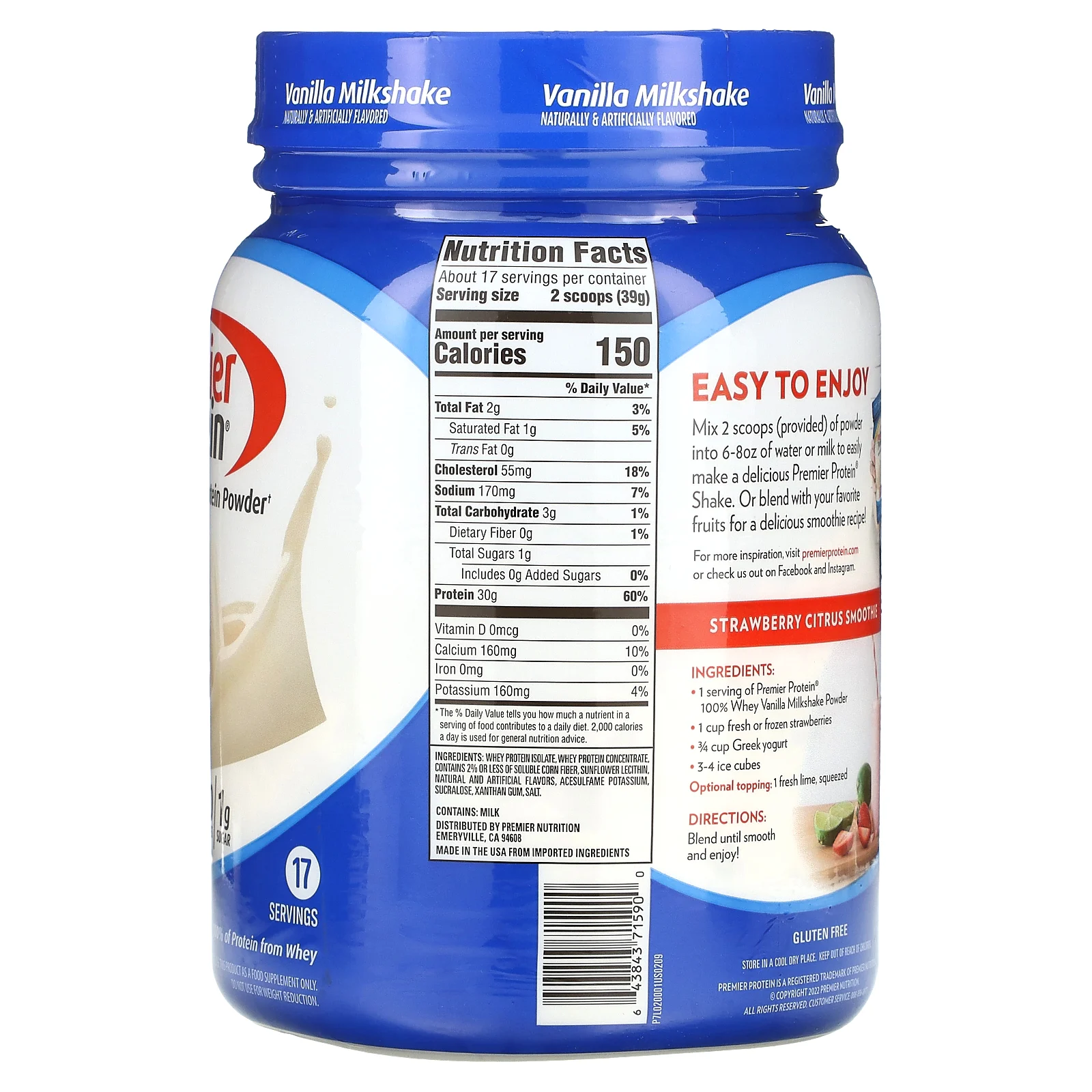 Premier Protein, Порошок из 100% сывороточного протеина, ванильный молочный коктейль, 663 г (1 фунт 7 унций)