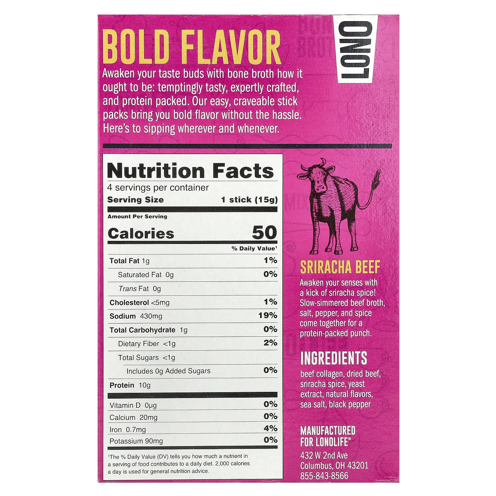 Lonolife, Sipping Bone Broth, говядина шрирача, 4 порционные палочки, 15 г (0,53 унции)