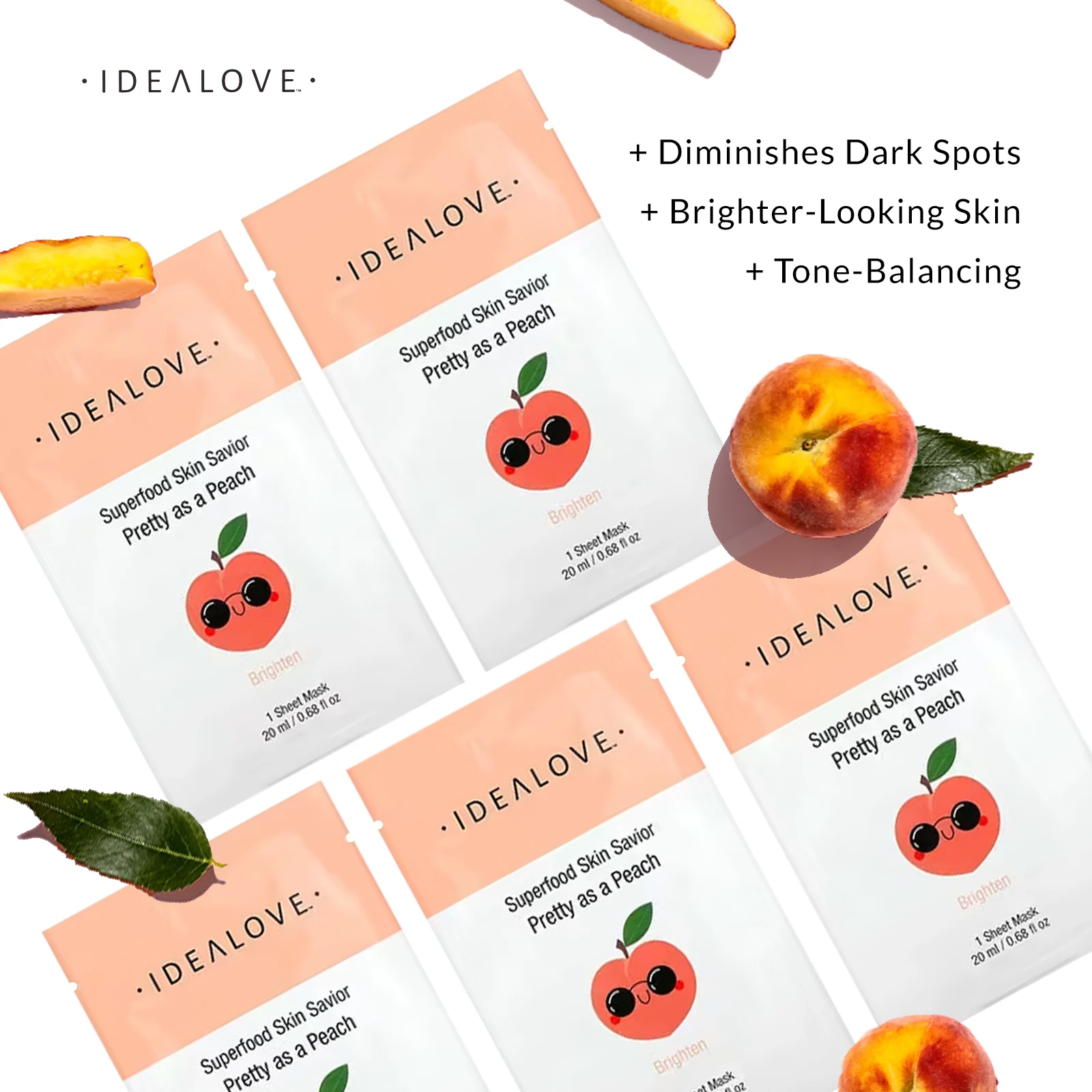 Idealove, Superfood Skin Savior, маска для лица с суперфудами, персик, 5 шт. по 20 мл (0,68 жидк. унции)