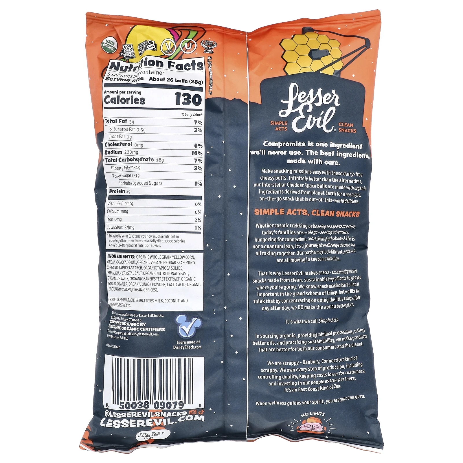 LesserEvil, Space Balls, межзвездный чеддер с органическим маслом авокадо, 142 г (5 унций)