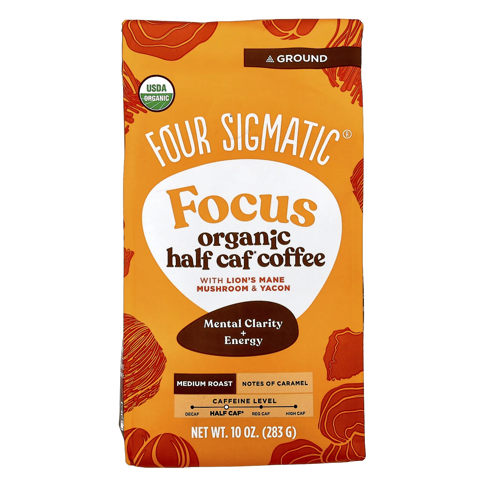 Four Sigmatic, Focus, органический полукофеиновый кофе с грибом ежовиком гребенчатым и яконом, молотый, средняя обжарка, 283 г (10 унций)
