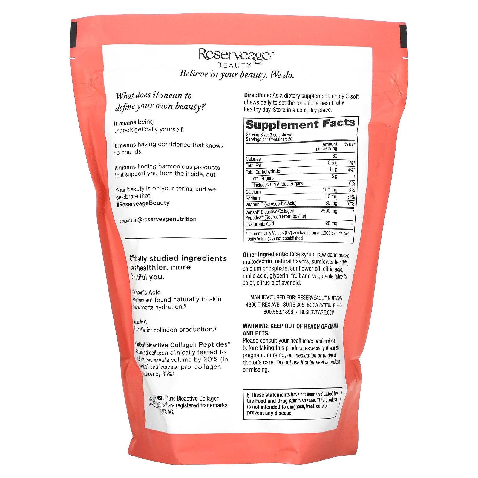 Reserveage Beauty, жевательные таблетки для восполнения уровня коллагена, фруктовое ассорти, 60 жевательных таблеток
