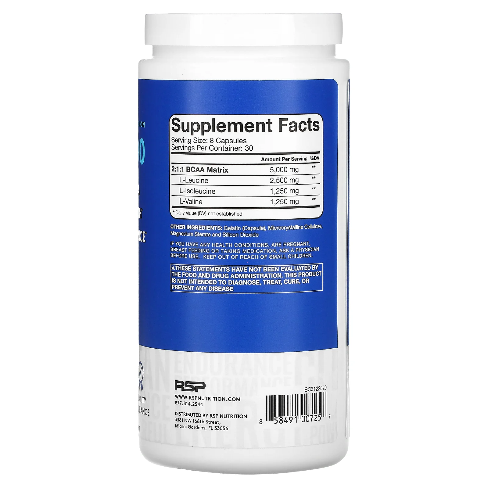 RSP Nutrition, BCAA 5000, водорастворимые аминокислоты с разветвленной цепью, 240 капсул