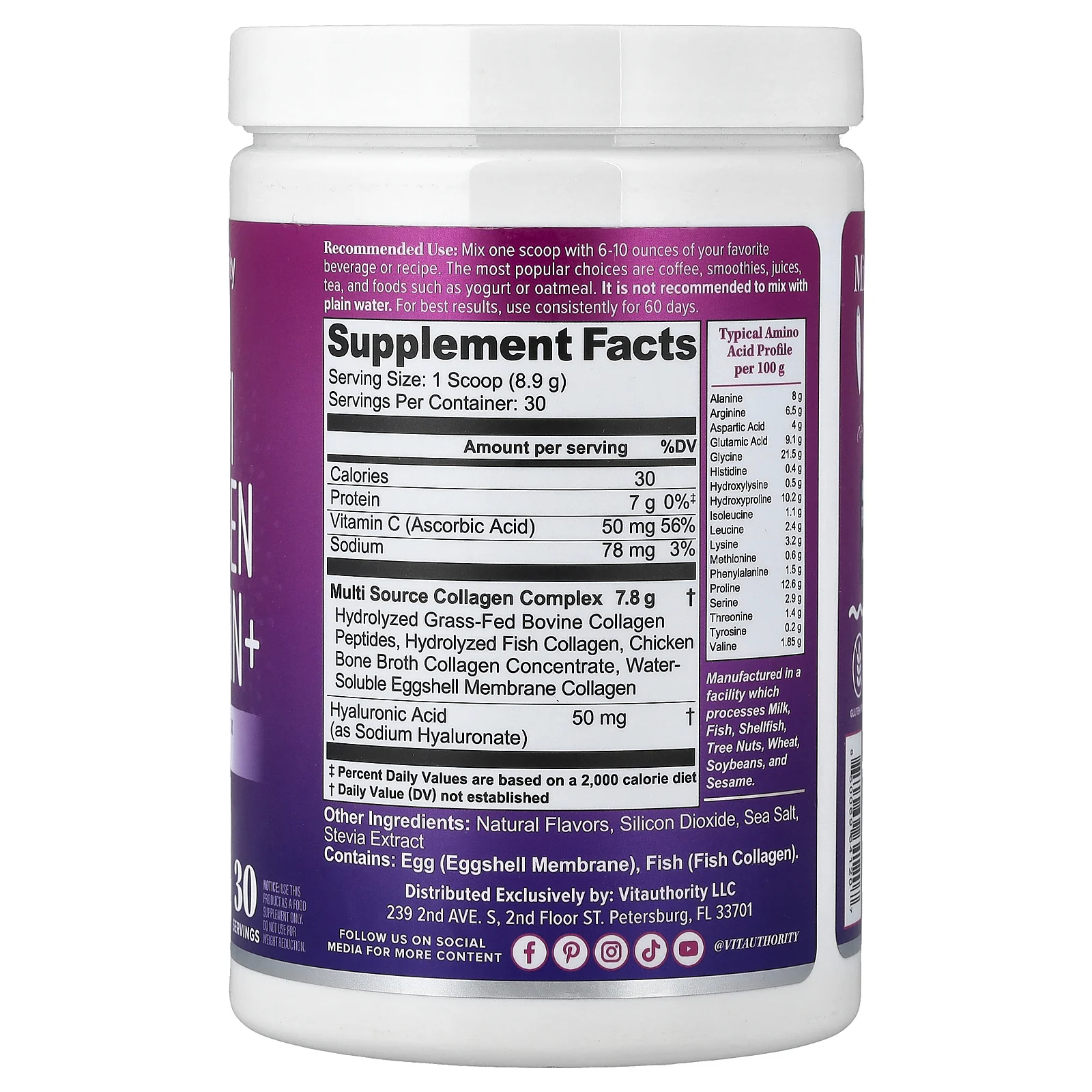 Vitauthority, Collagen Protein+, коллаген нескольких типов, с ванильным вкусом, 267 г (9,42 унции)