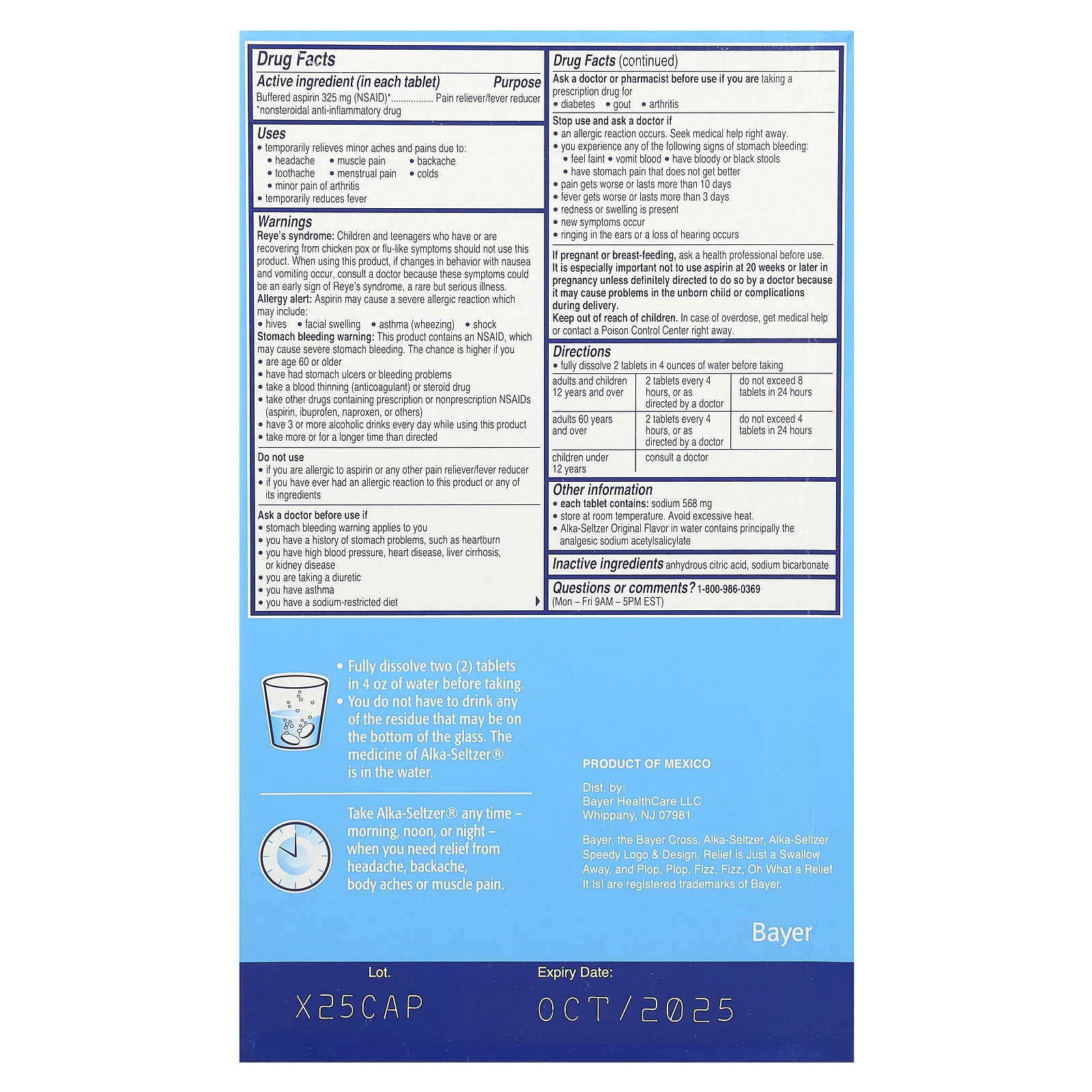 Alka-Seltzer, Буферизованный аспирин (НПВП), обезболивающее / средство для снижения температуры, оригинальный, 58 пакетиков (2 шт.) В каждом