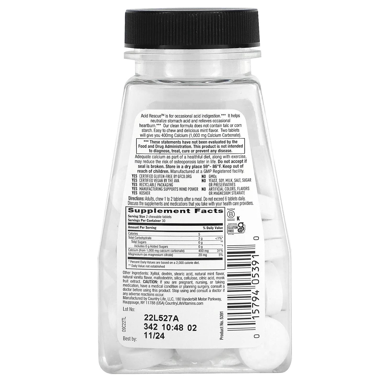 Country Life, Acid Rescue, карбонат кальция, со вкусом мяты, 1000 мг, 60 жевательных таблеток (500 мг в одной таблетке)