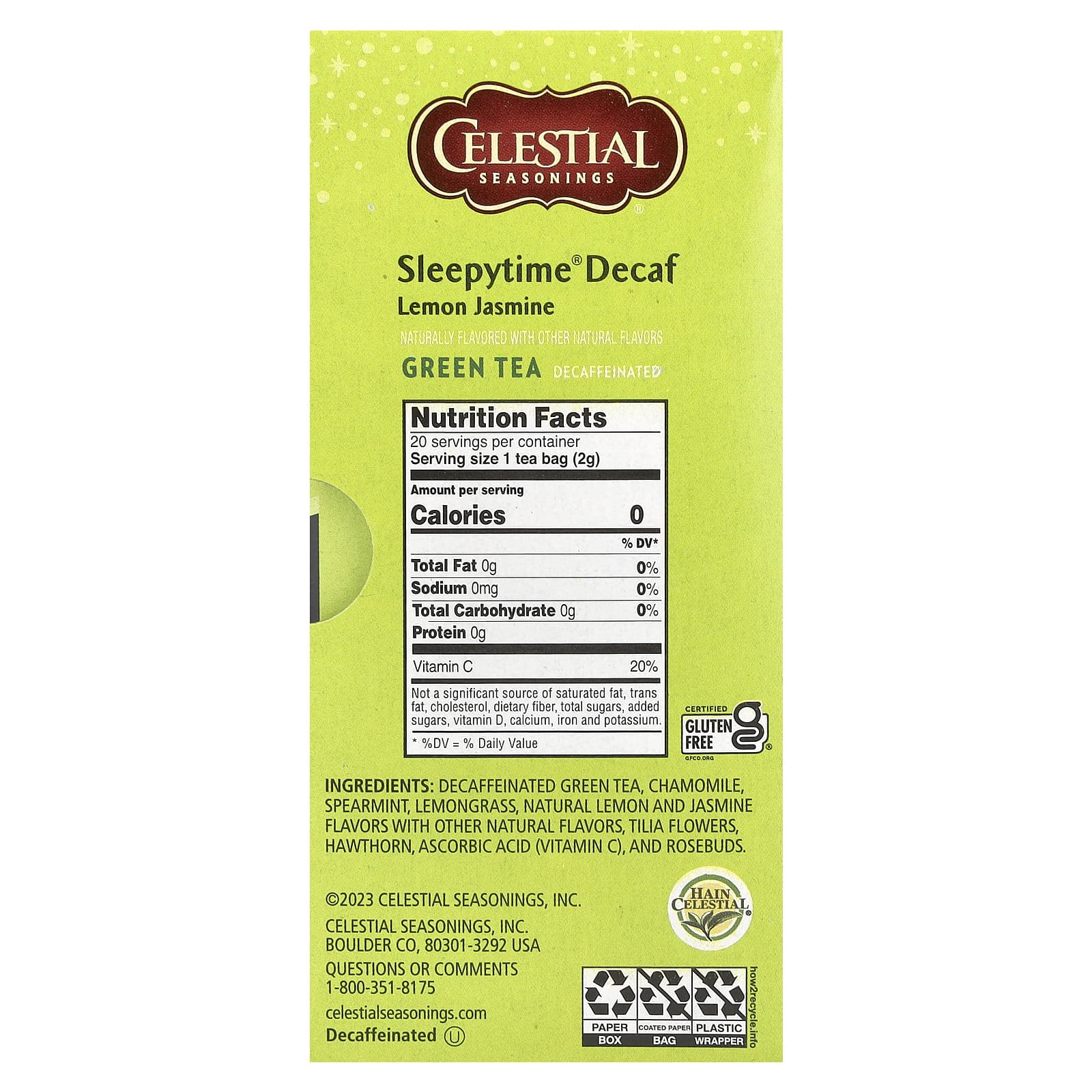 Celestial Seasonings, Sleepytime, зеленый чай, со вкусом лимона и жасмина, без кофеина, 20 чайных пакетиков, 31 г (1,1 унции)
