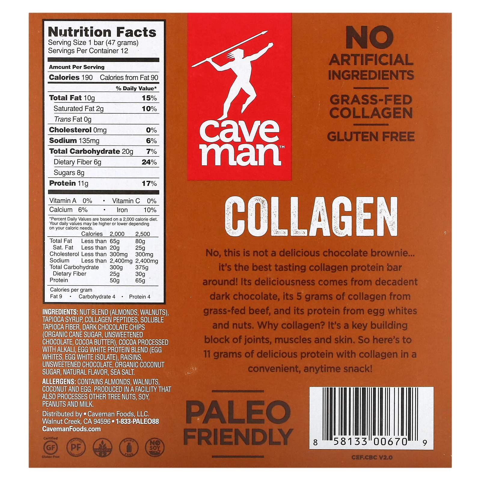 Caveman Foods, протеиновый батончик с коллагеном, со вкусом шоколада и грецкого ореха, 12 батончиков по 47 г (1,66 унции)