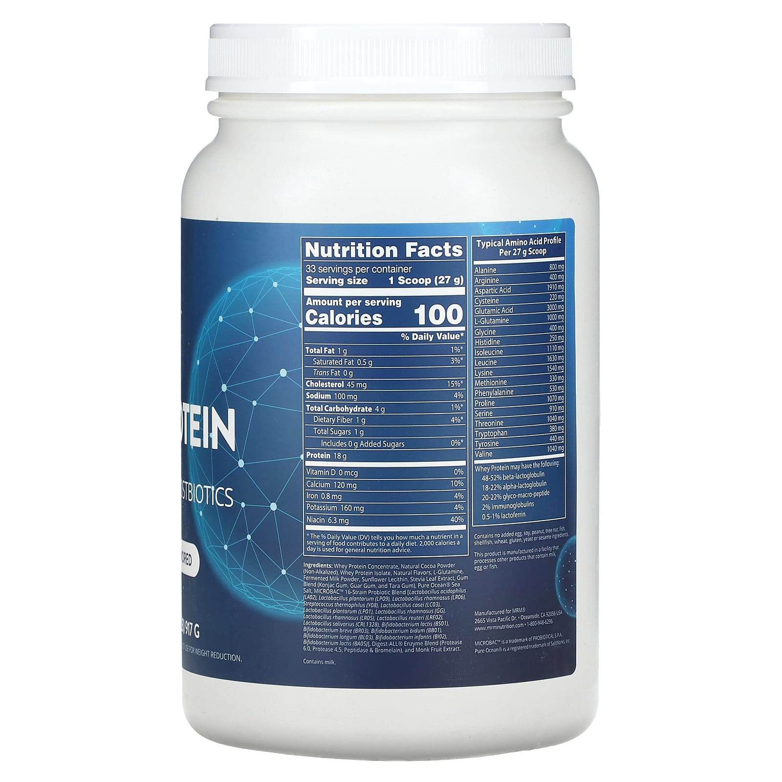 MRM Nutrition, сывороточный протеин, с пробиотиками и постбиотиками, со вкусом шоколада, 917 г (2,02 фунта)