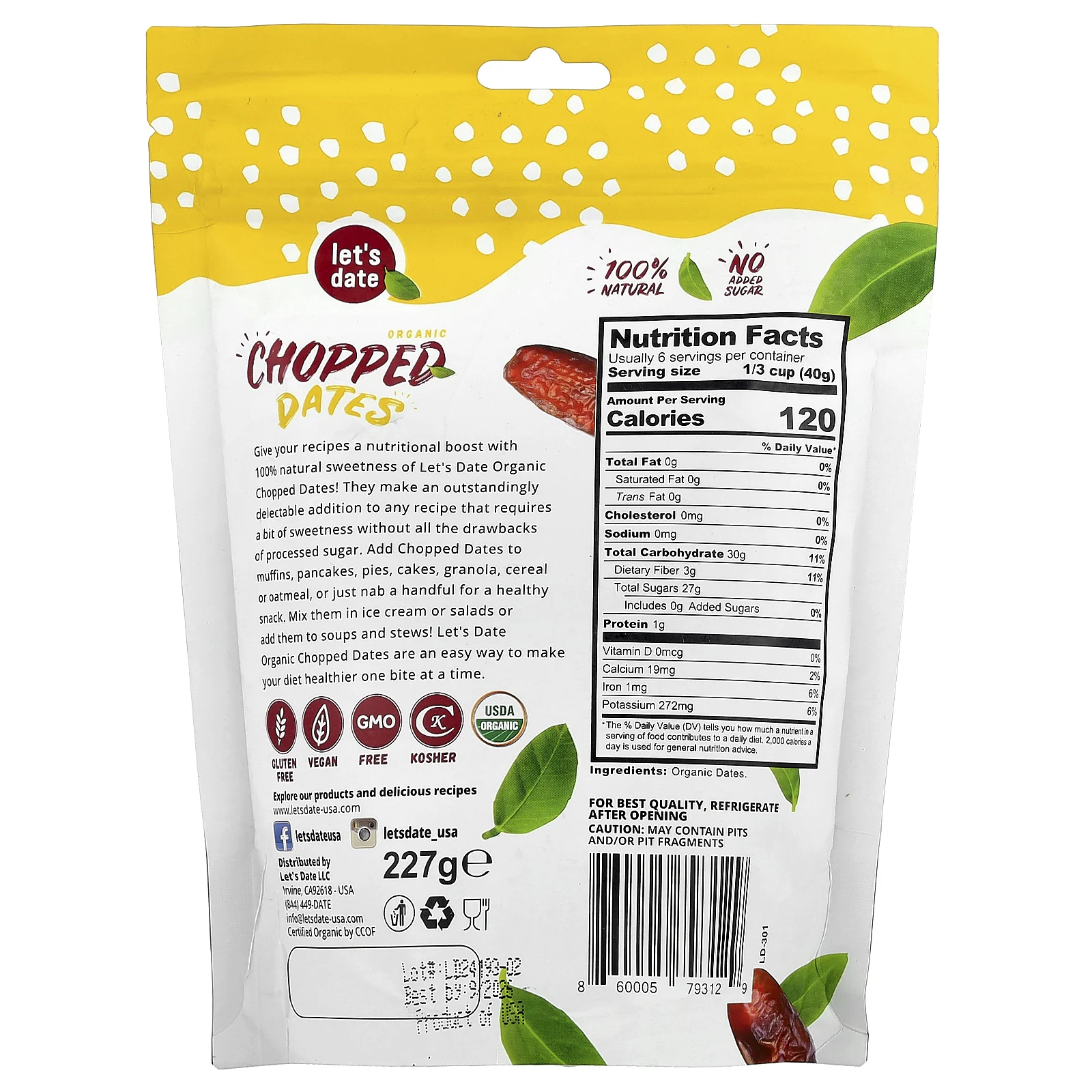 Let's Date, Органические нарезанные финики, 227 г (8 унций)