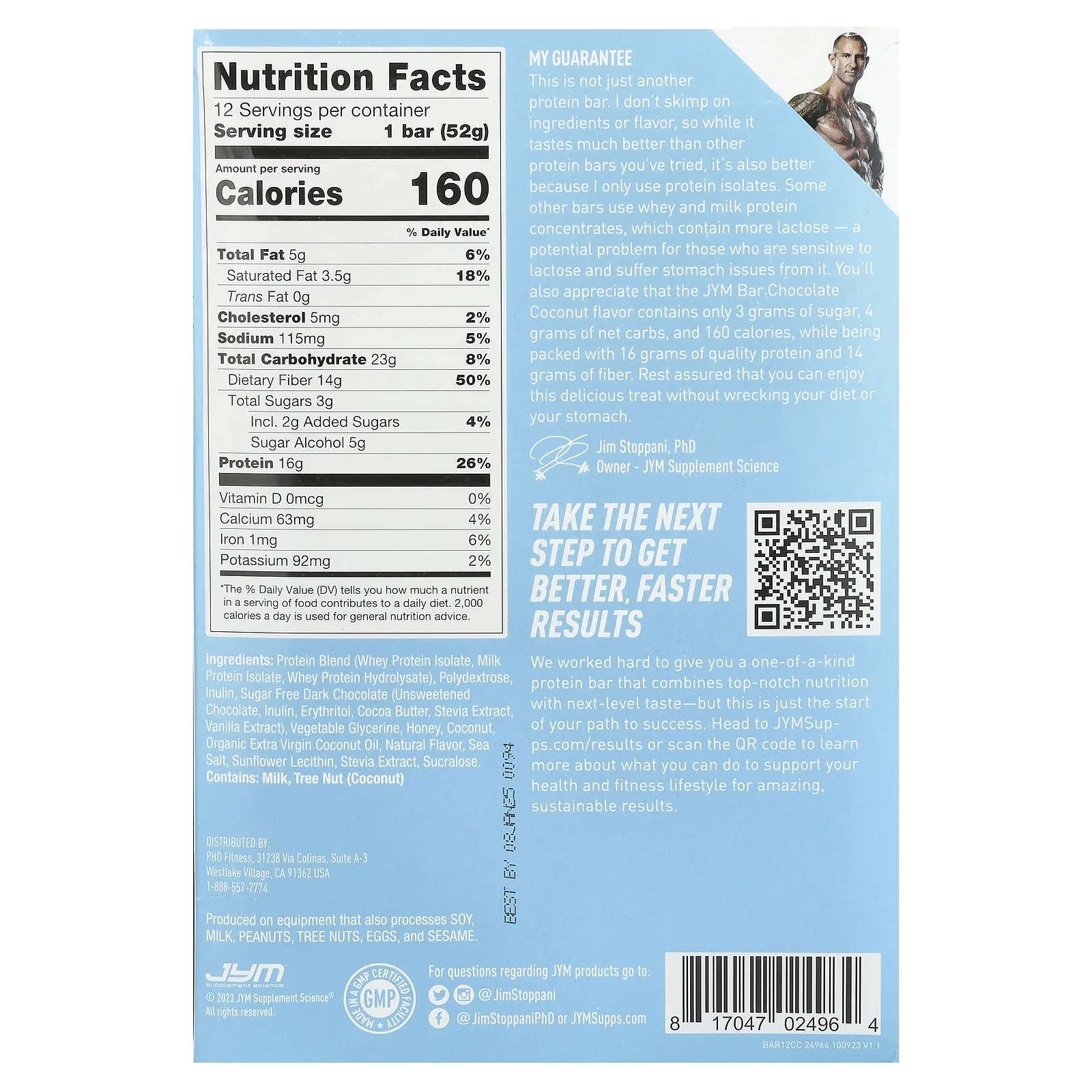 JYM Supplement Science, Протеиновый батончик, шоколад с кокосом, 12 батончиков, 52 г (1,83 унции)