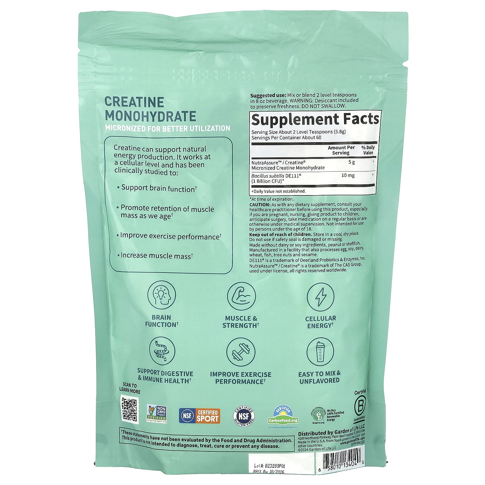 Garden of Life, Sport, моногидрат креатина и пробиотиков, без добавок, 348 г (12,27 унции)
