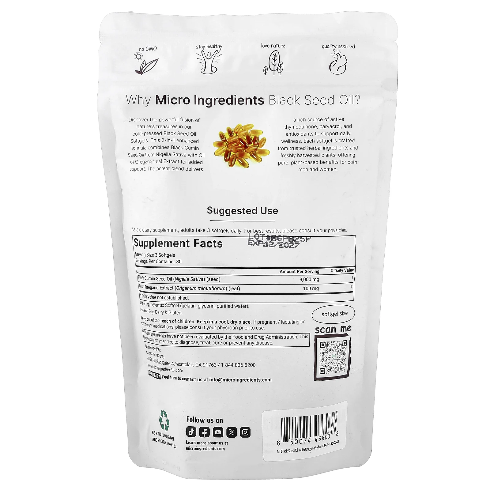 Micro Ingredients, масло чёрного тмина с маслом орегано, 240 капсул