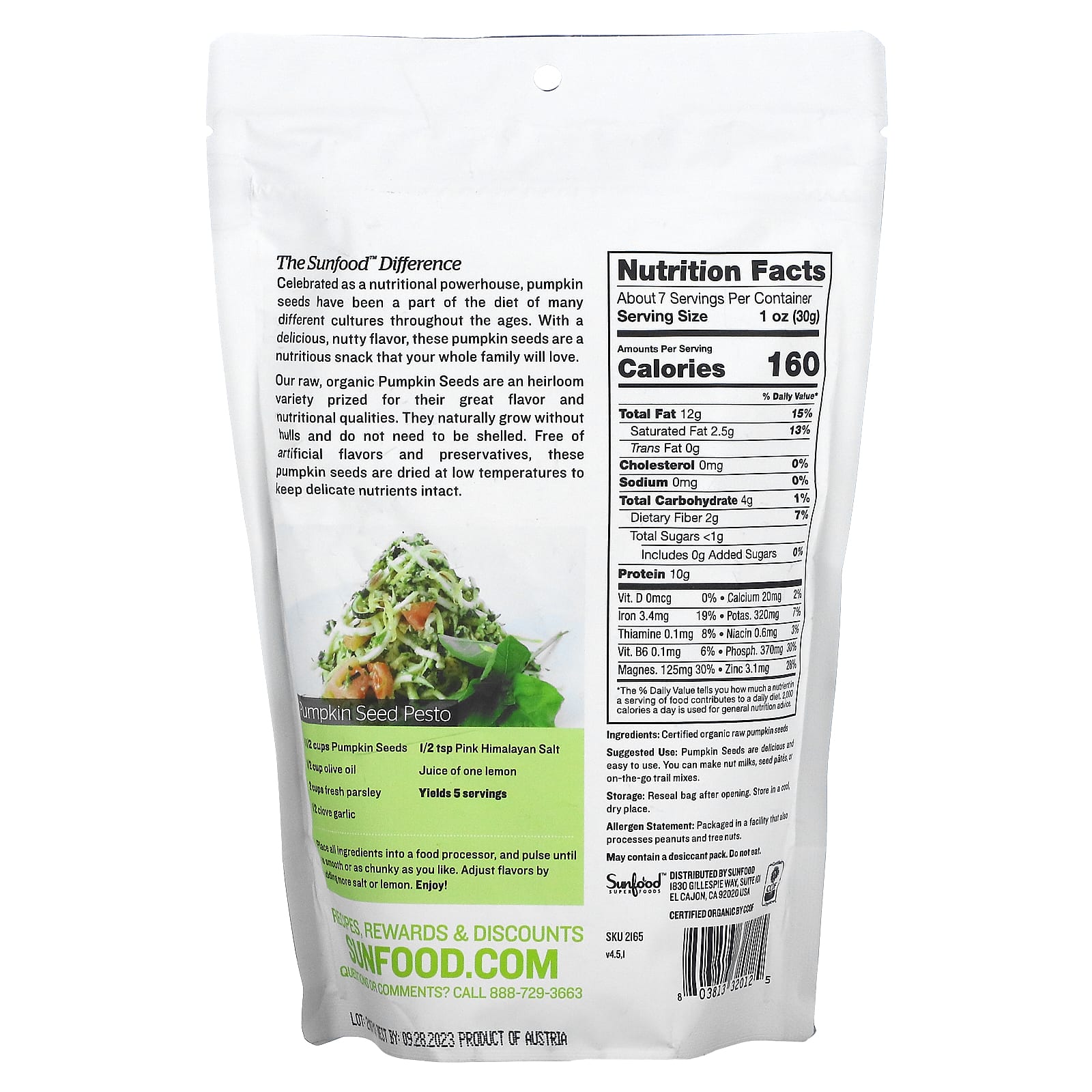 Sunfood, Superfoods, необработанные семена органической тыквы, 227 г (8 унций)